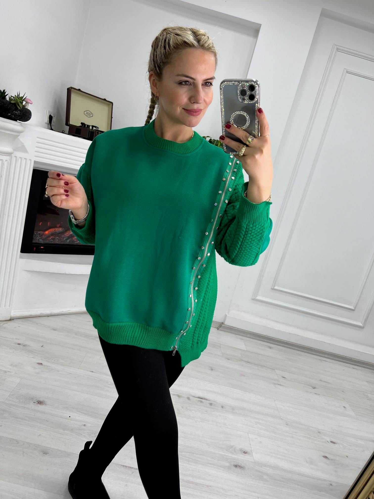3521 Fermuarlı Triko Detay Tasarım Sweat YEŞİL