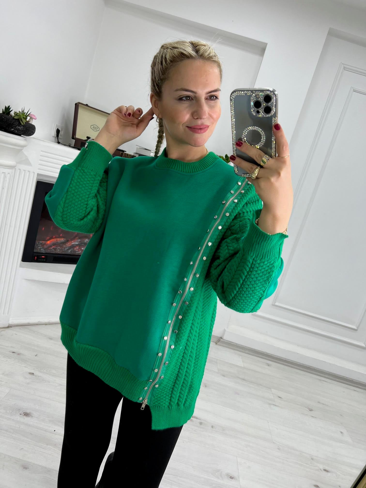 3521 Fermuarlı Triko Detay Tasarım Sweat YEŞİL