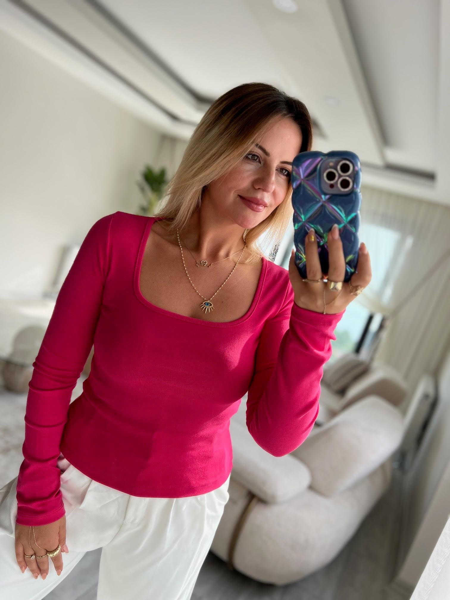 3924 Kare Yaka Bluz FUŞYA