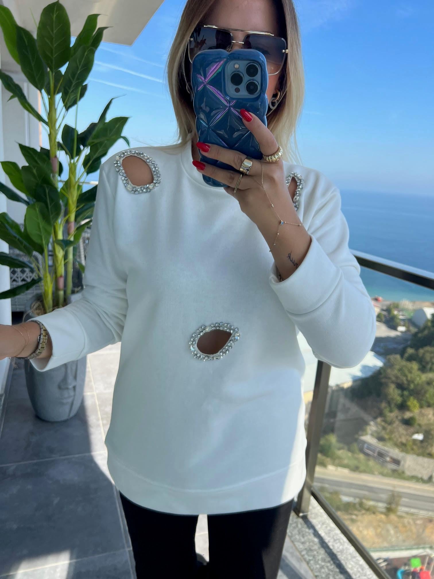 4010 Lazer Kesim Taşlı Sweat EKRU