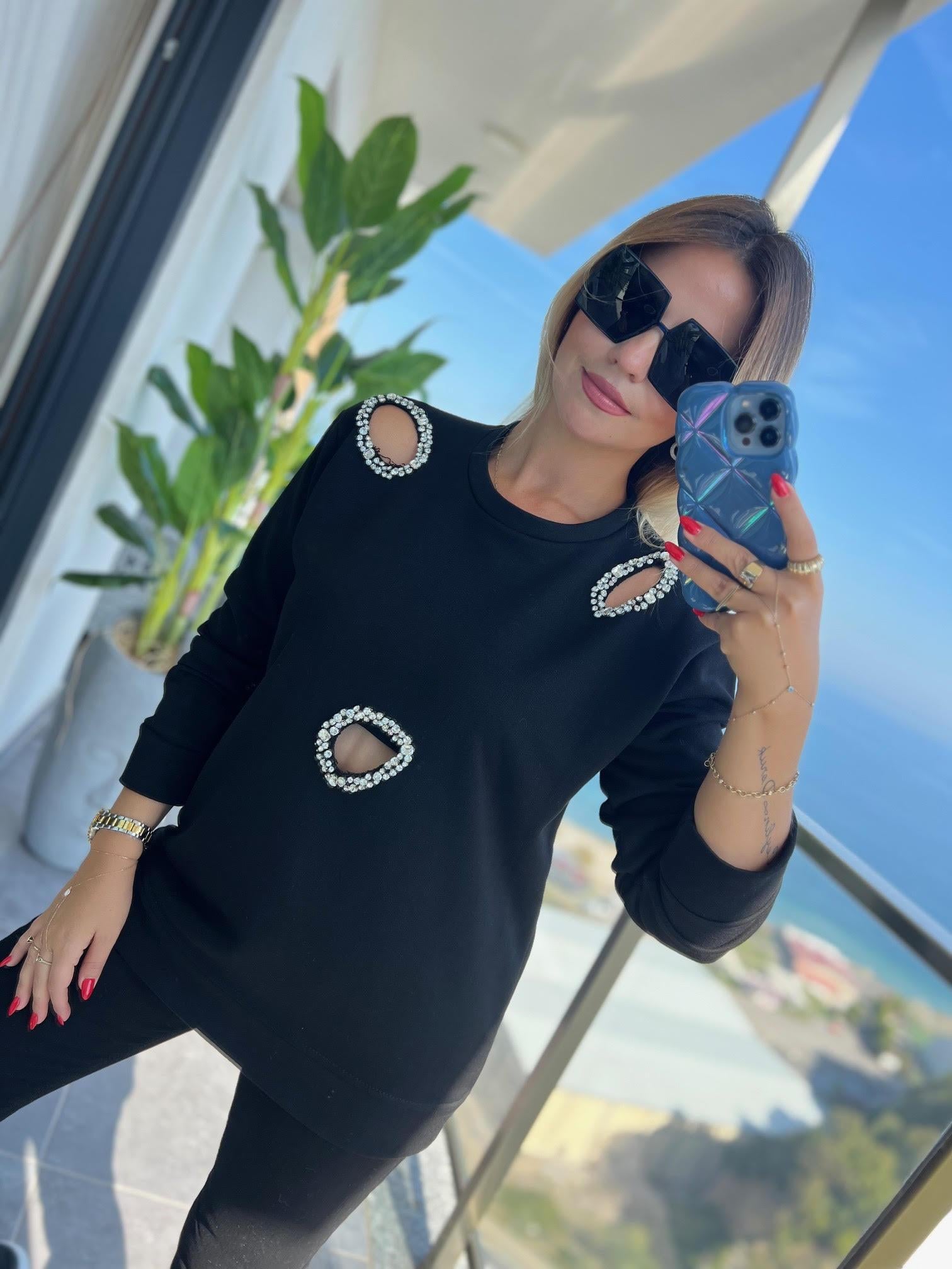 4010 Lazer Kesim Taşlı Sweat SİYAH