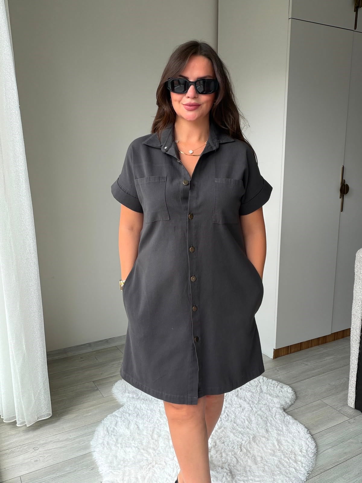 410 Yıkamalı Gabardin Elbise ANTRESİT