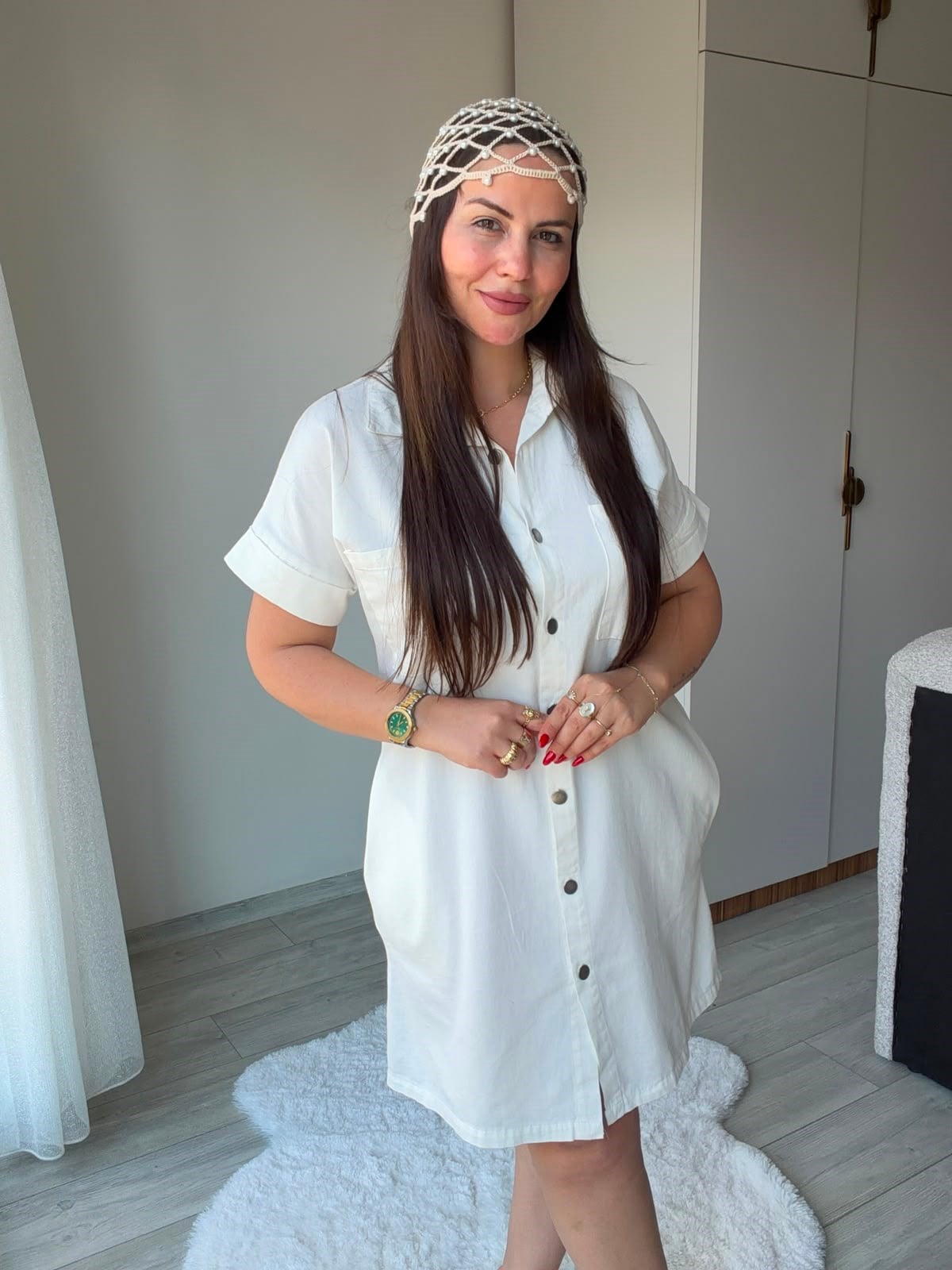 410 Yıkamalı Gabardin Elbise BEYAZ