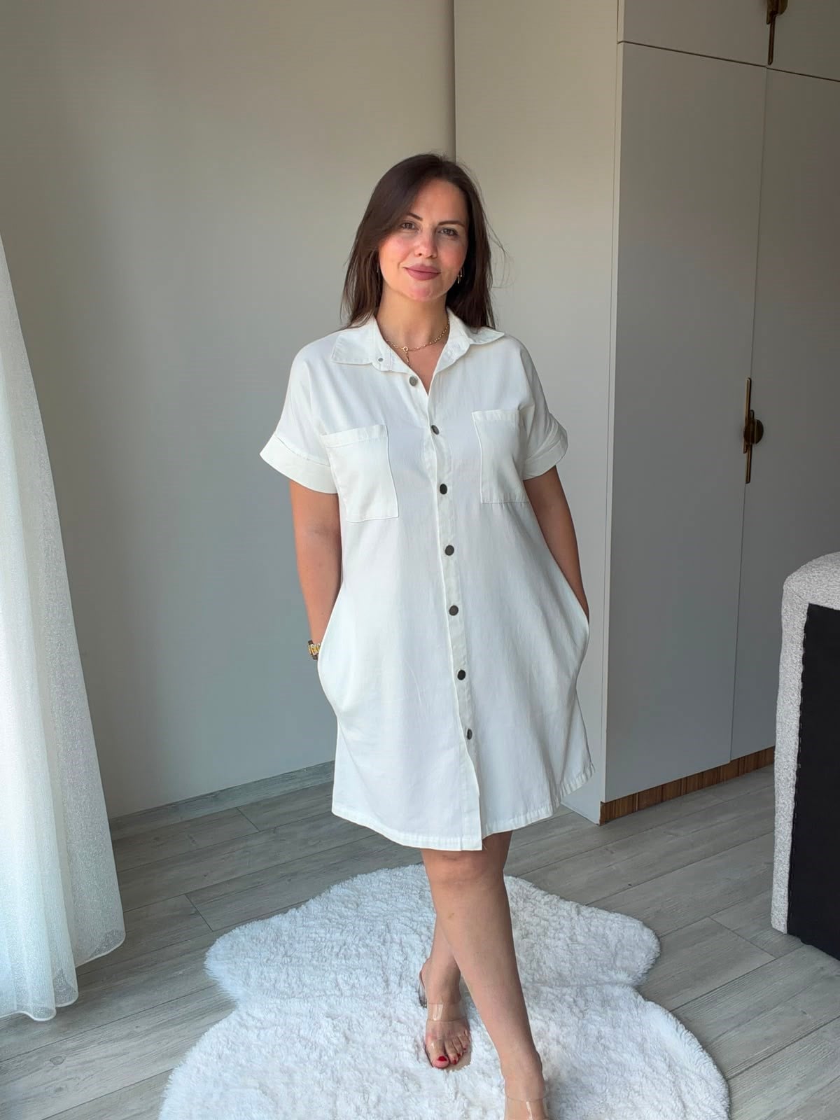 410 Yıkamalı Gabardin Elbise BEYAZ