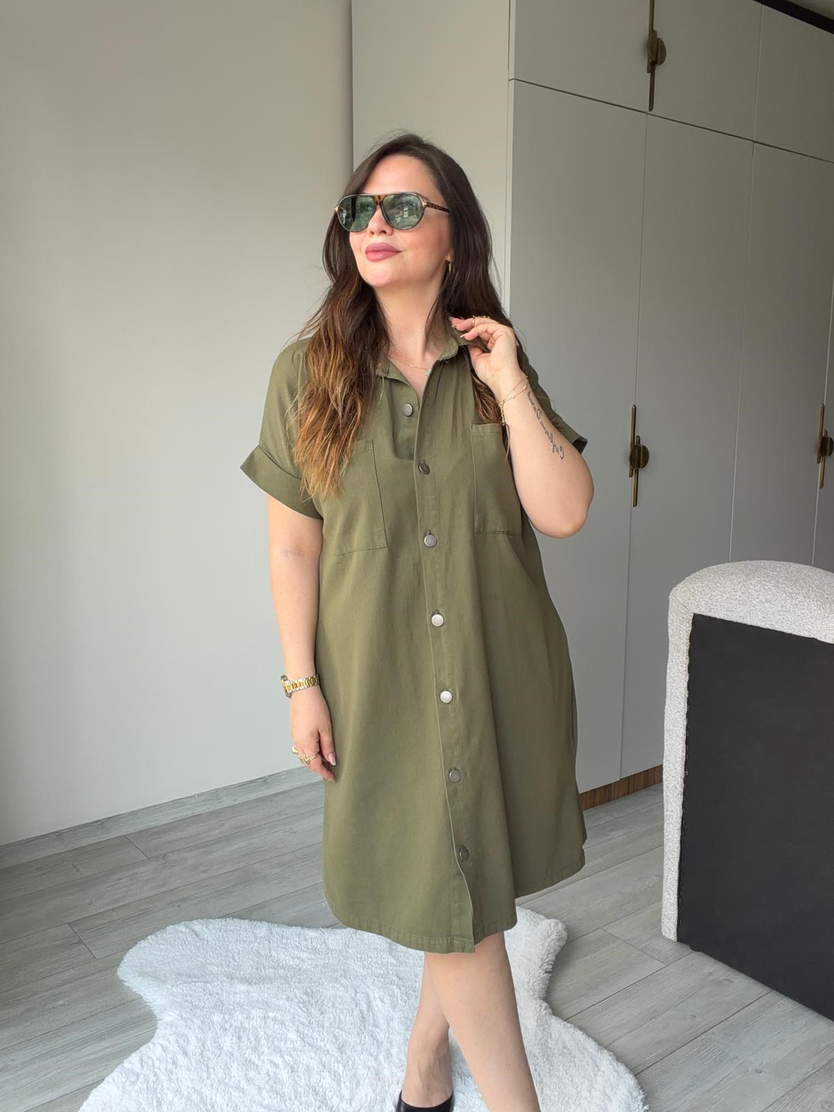 410 Yıkamalı Gabardin Elbise HAKİ YEŞİL