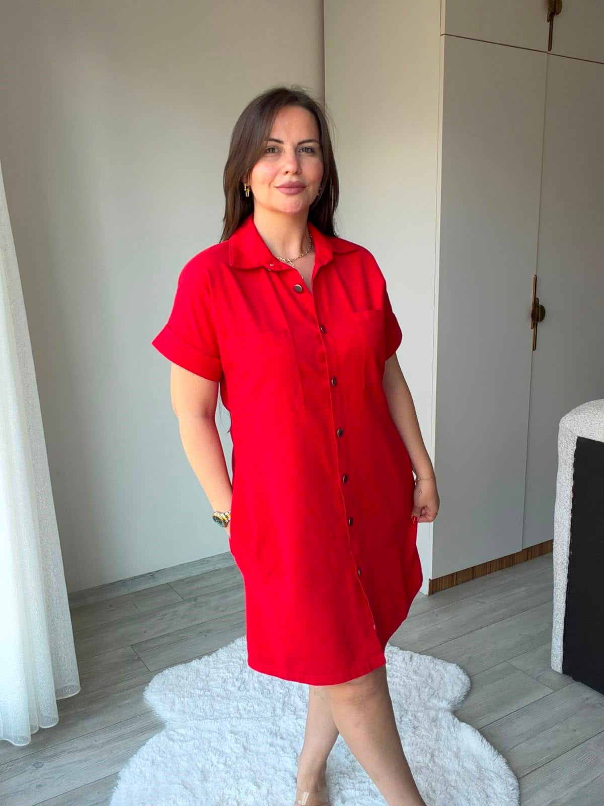 410 Yıkamalı Gabardin Elbise KIRMIZI