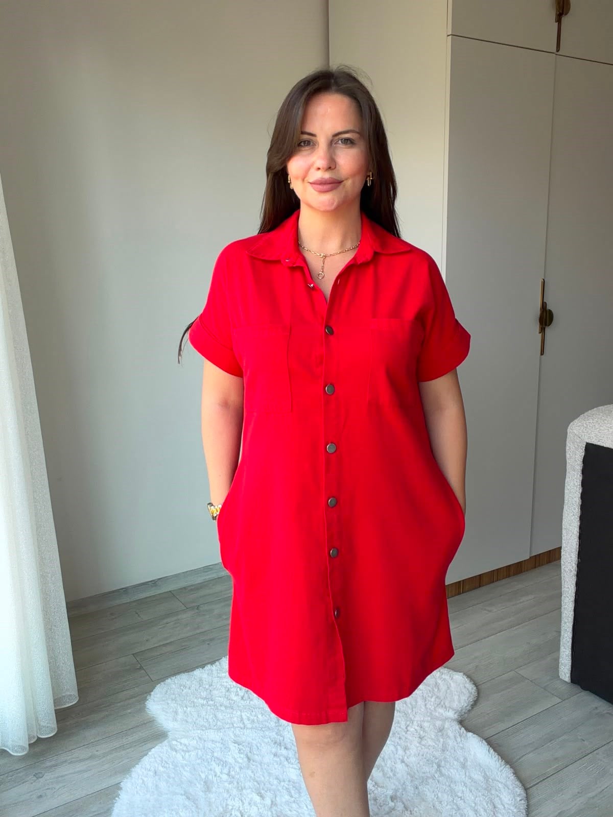 410 Yıkamalı Gabardin Elbise KIRMIZI