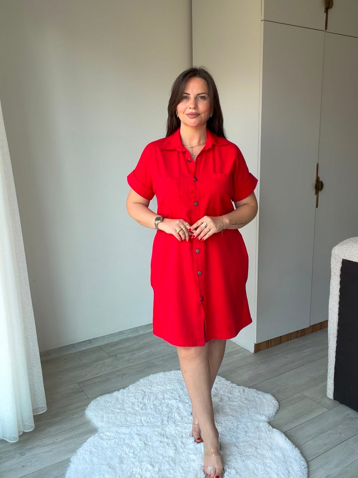 410 Yıkamalı Gabardin Elbise KIRMIZI