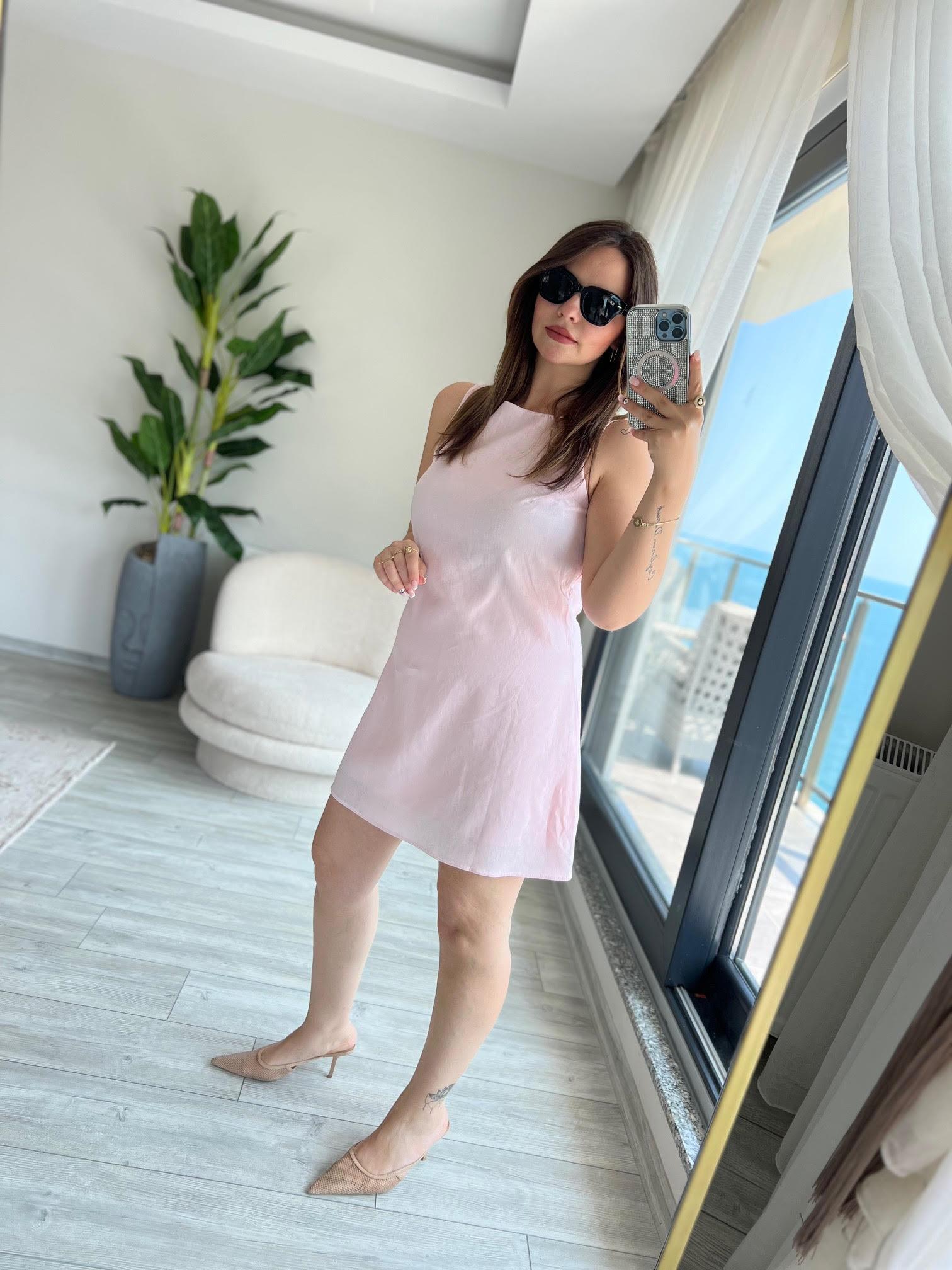4140 Sırtı U Detay Elbise PEMBE