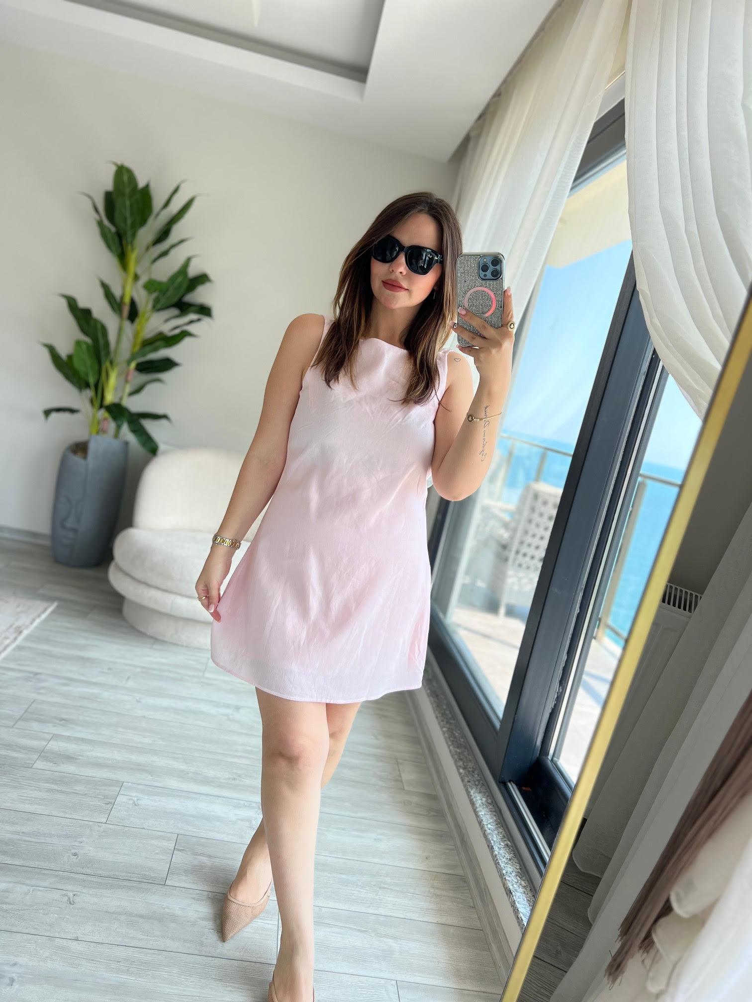 4140 Sırtı U Detay Elbise PEMBE