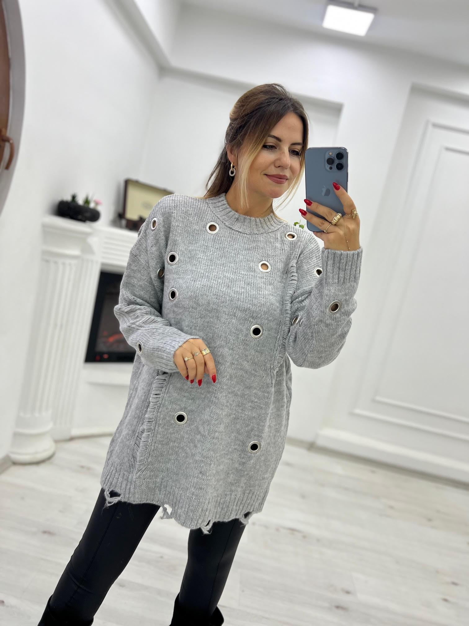 4214 Metal Yırtık Detay Tunik Kazak FÜME