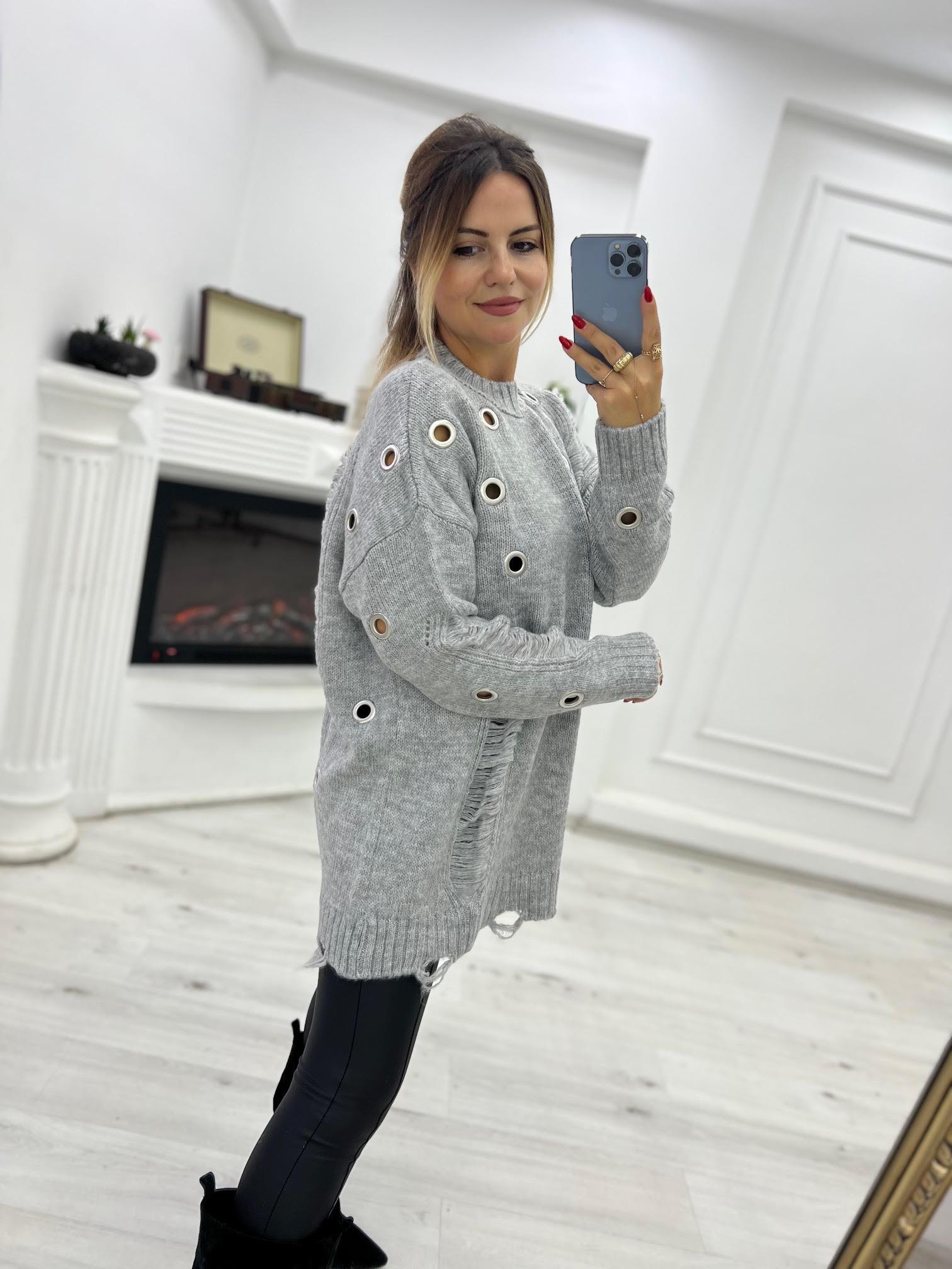 4214 Metal Yırtık Detay Tunik Kazak FÜME