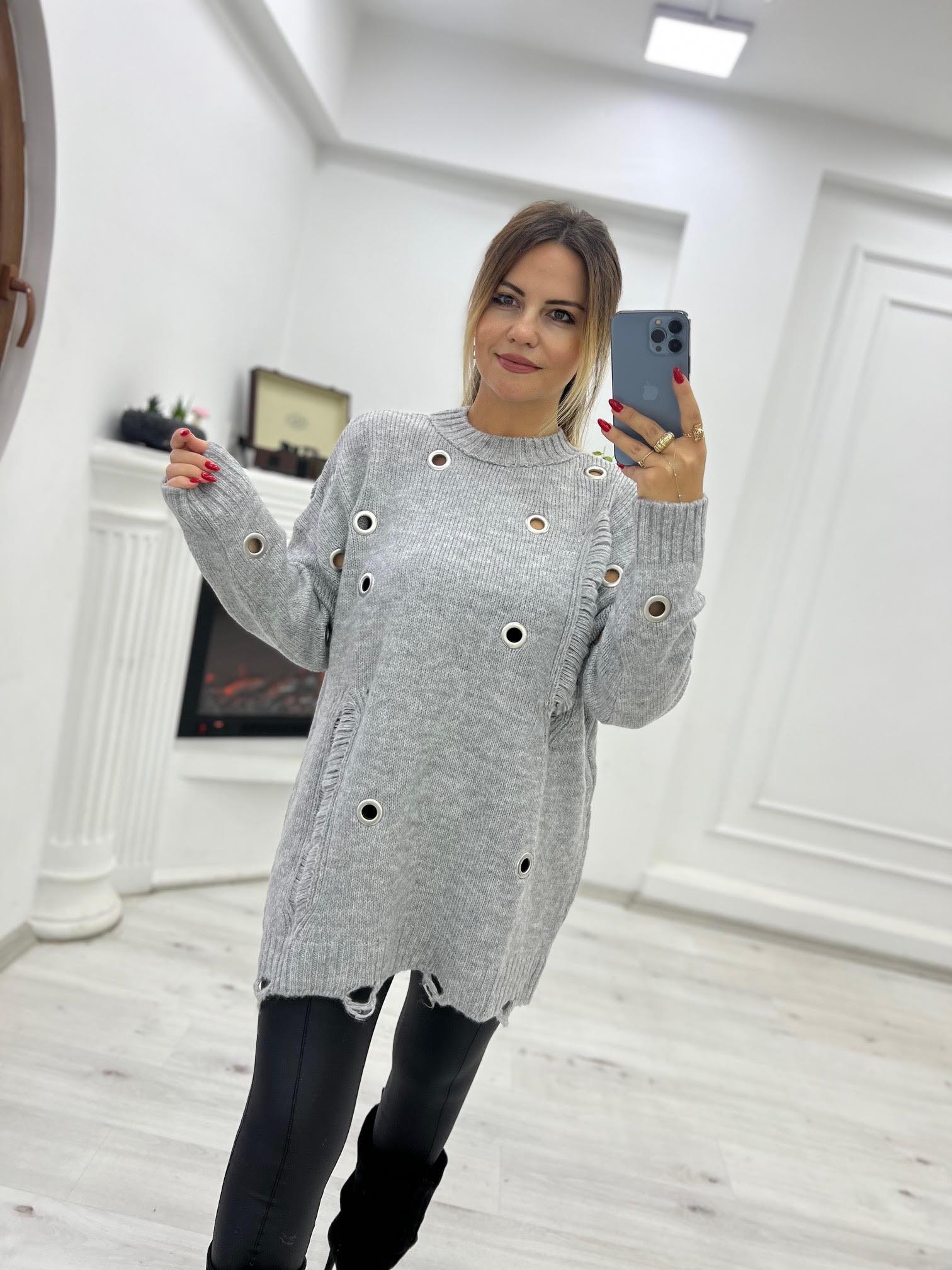 4214 Metal Yırtık Detay Tunik Kazak FÜME