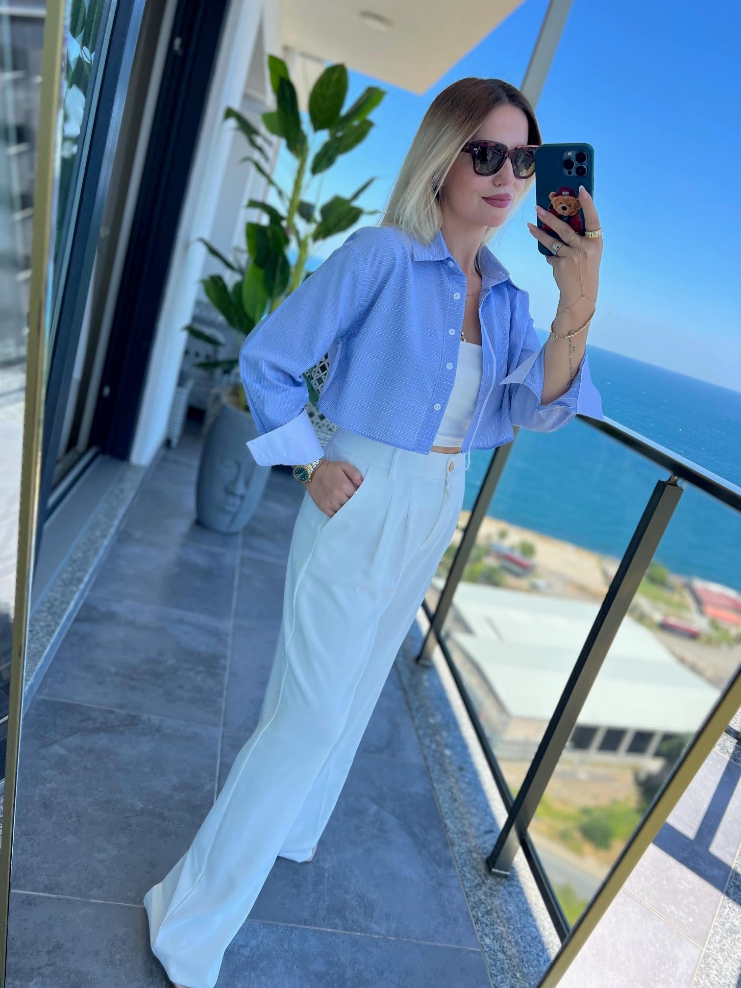 4451 Asimetrik Çizgili Crop Gömlek BEBE MAVİ