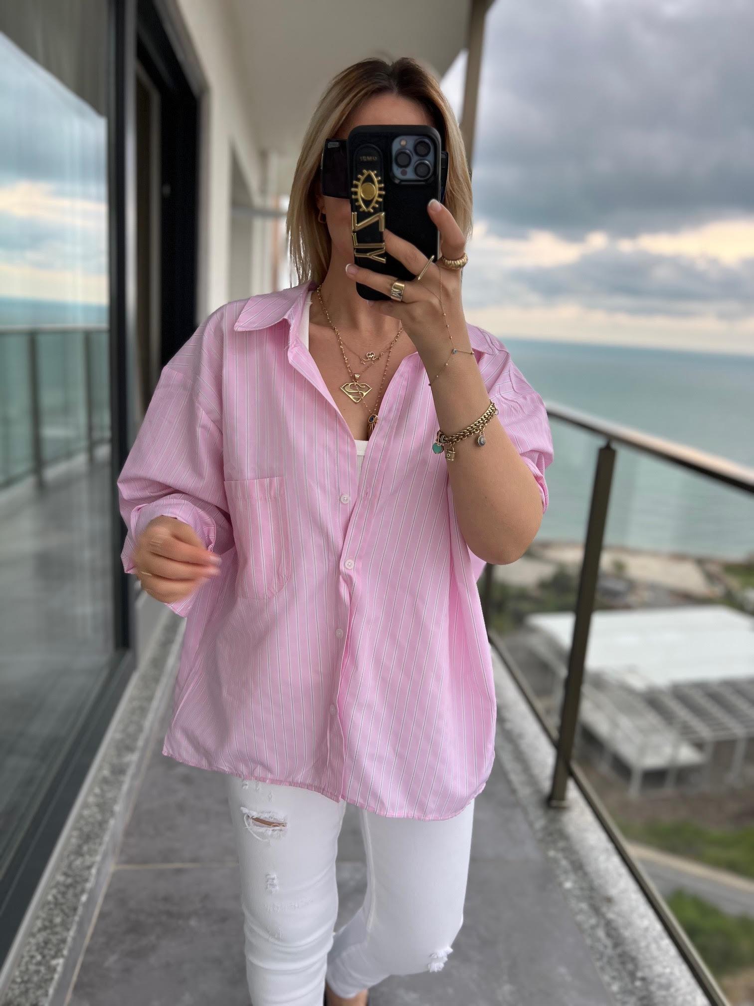 4458 Oversize Çizgili Salaş Gömlek PEMBE