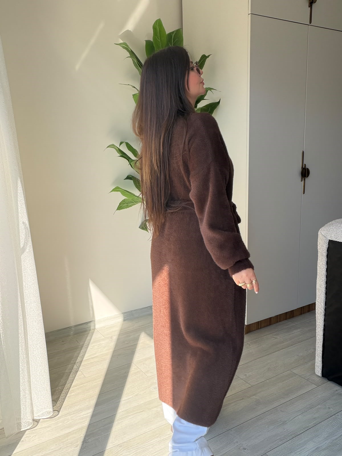 4640 Kuşaklı Yumoş Uzun Hırka KAHVE