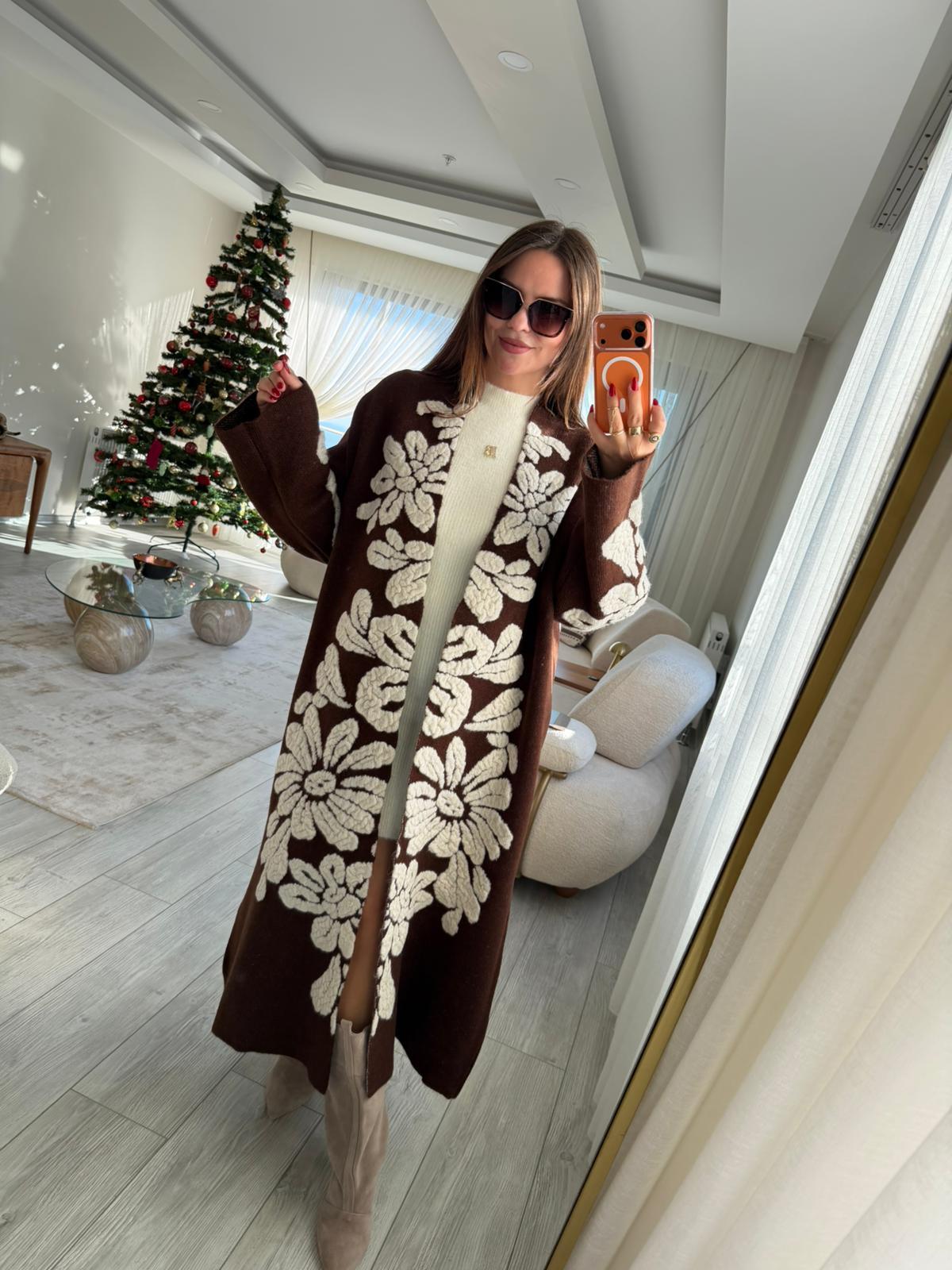 4674 Çiçek Desenli Uzun Hırka KAHVE