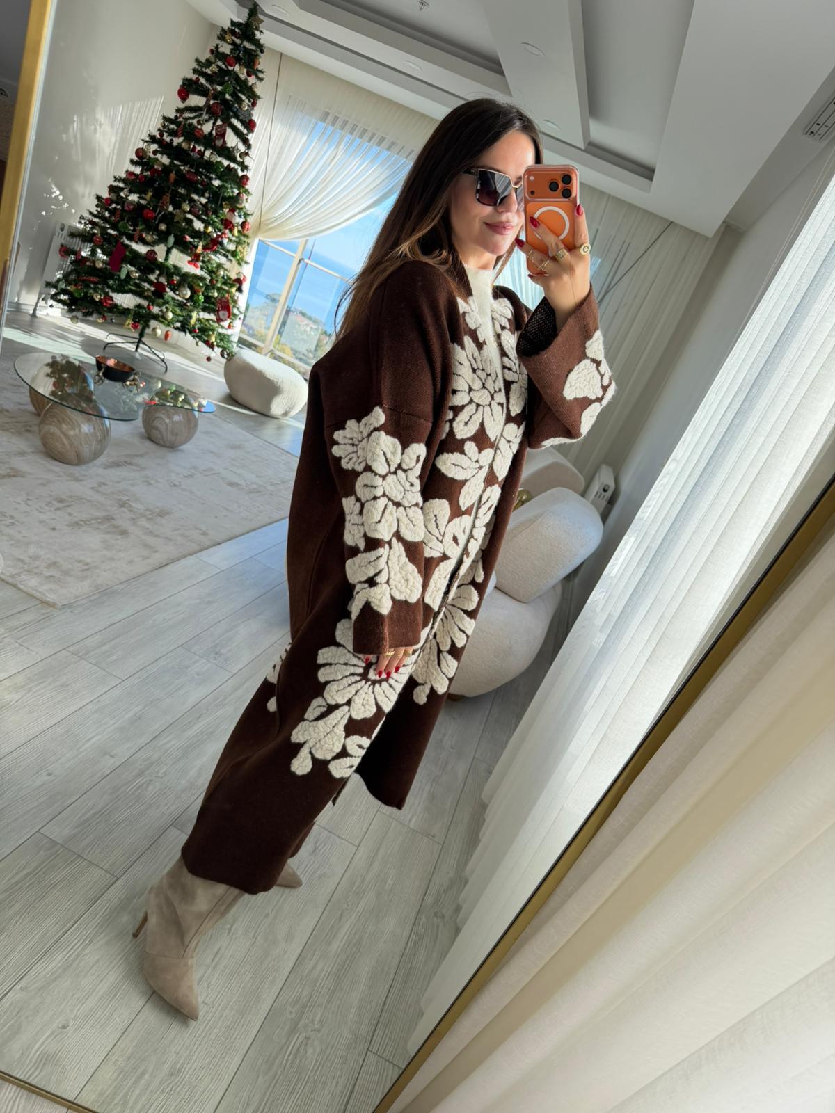 4674 Çiçek Desenli Uzun Hırka KAHVE