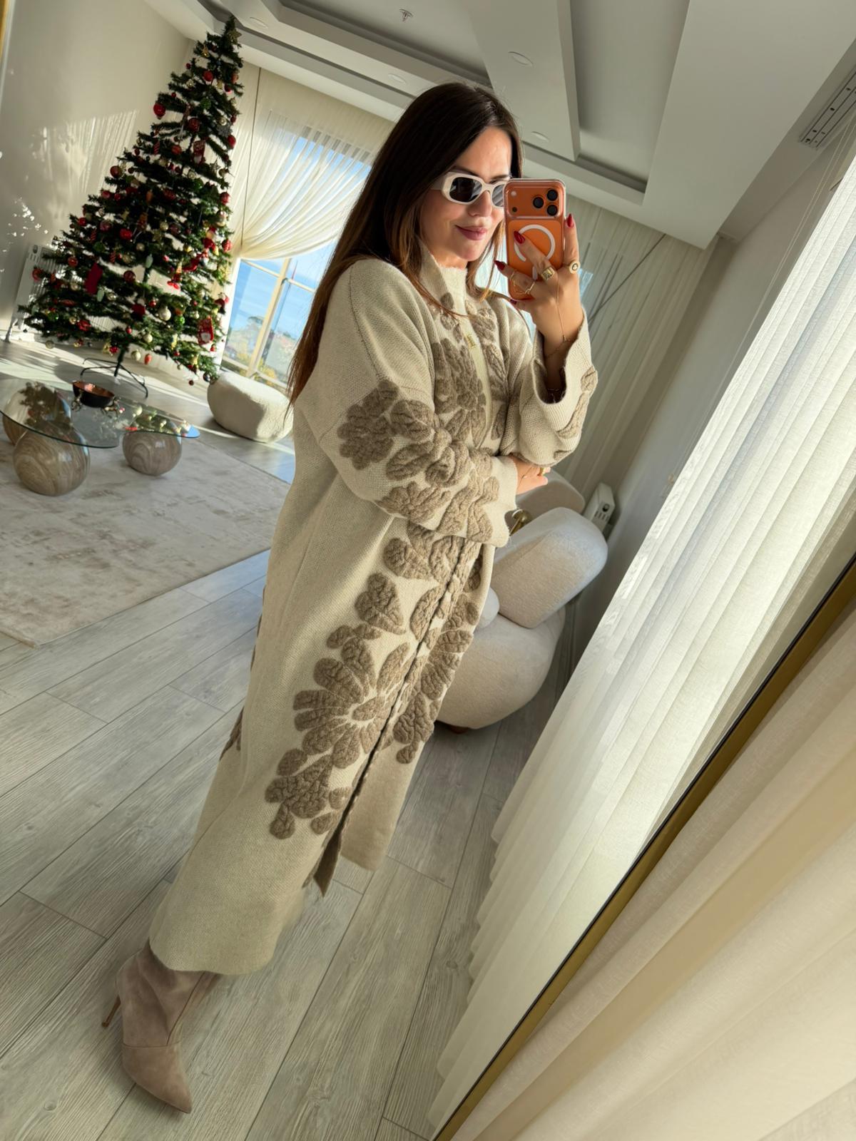4674 Çiçek Desenli Uzun Hırka TAŞ