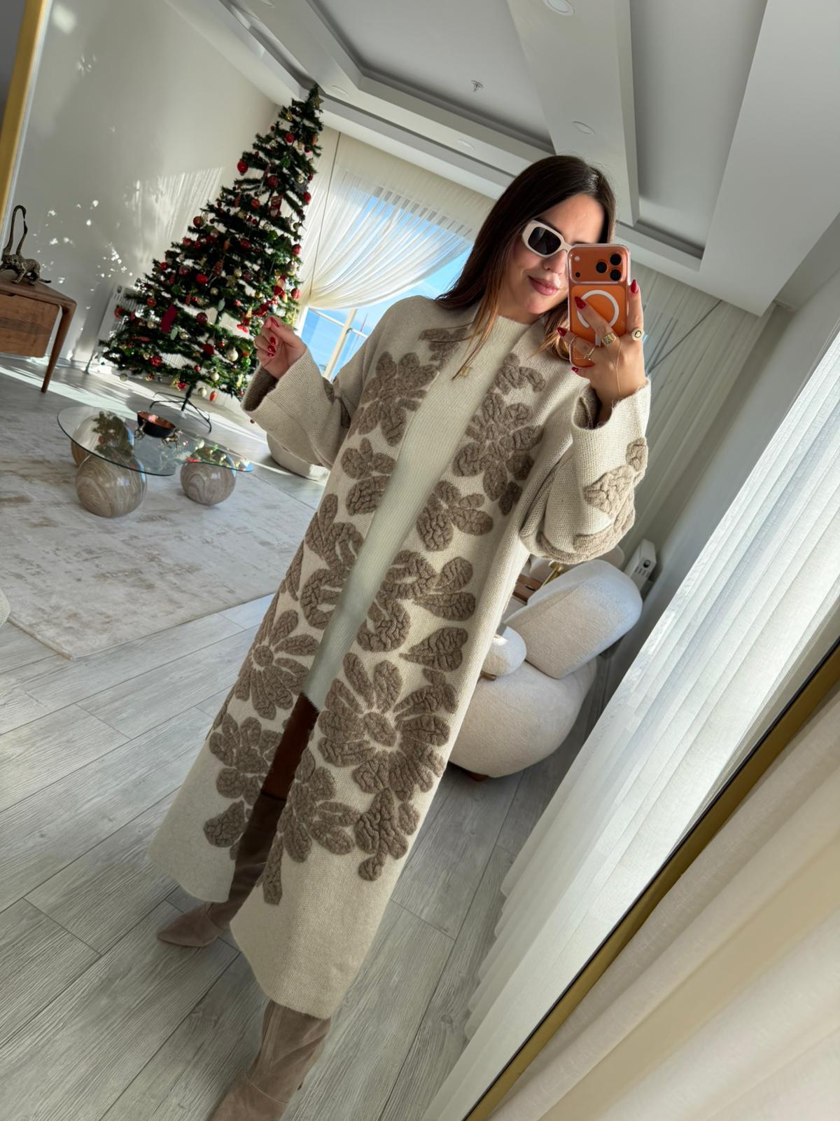 4674 Çiçek Desenli Uzun Hırka TAŞ