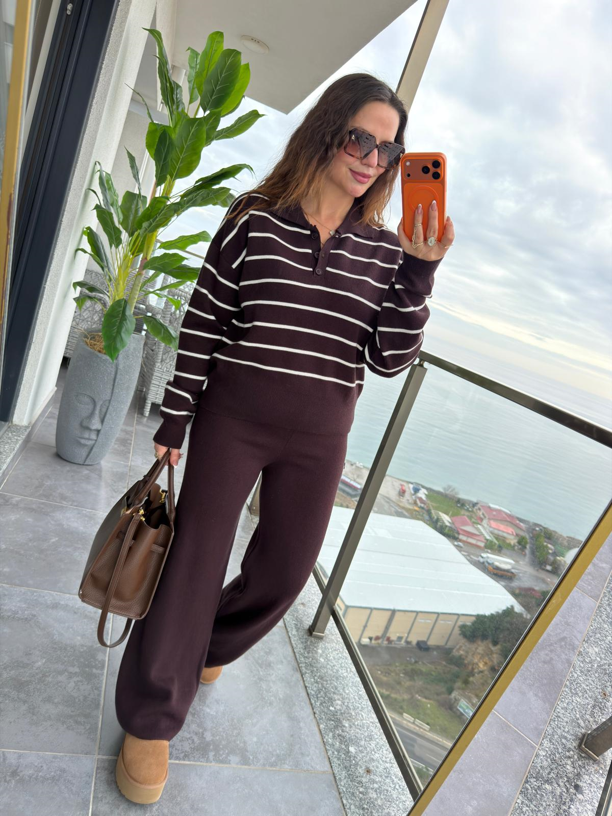 4676 Çizgili Triko Takım KAHVE