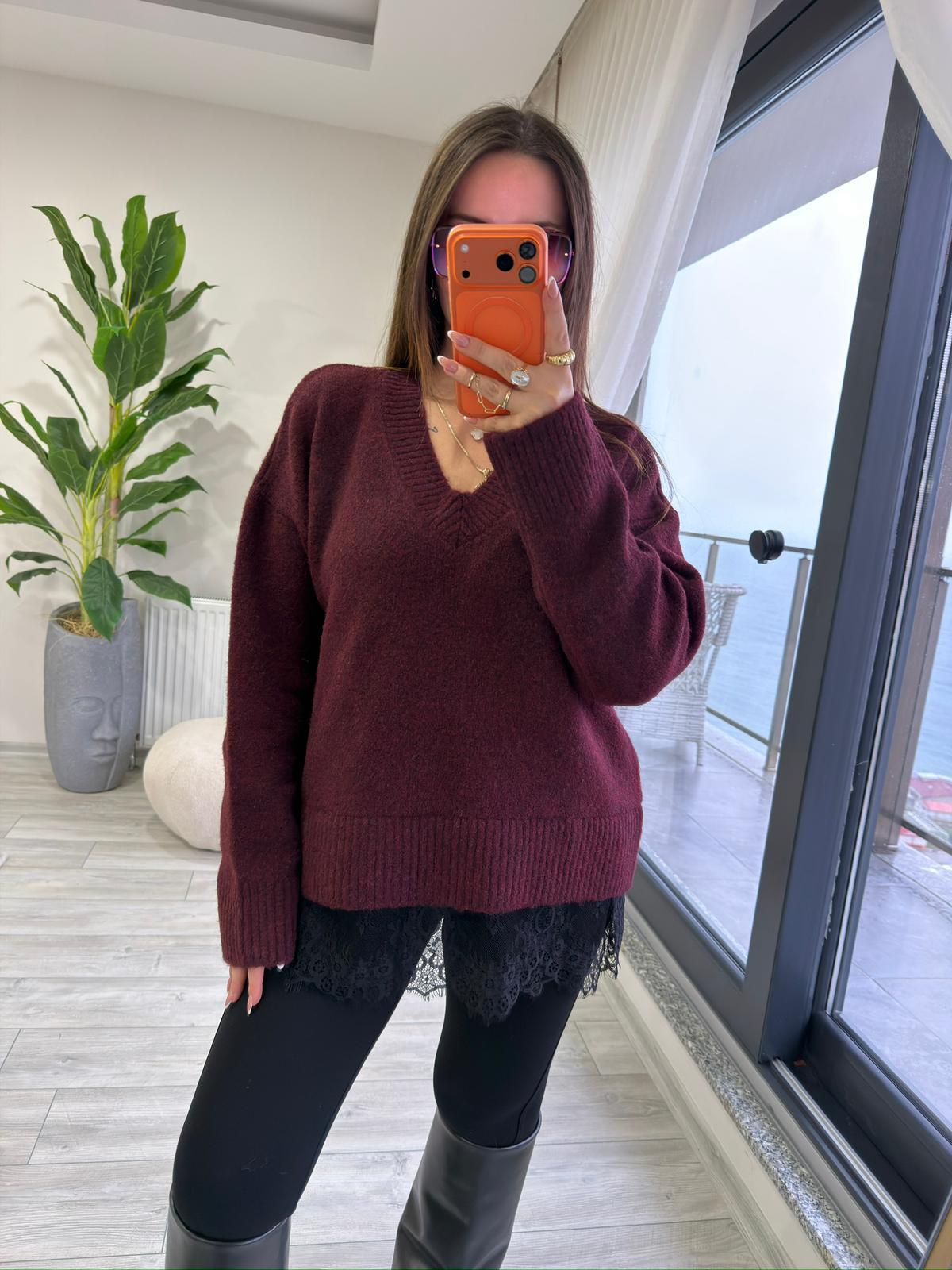4684 Dantel Detaylı Kazak BORDO