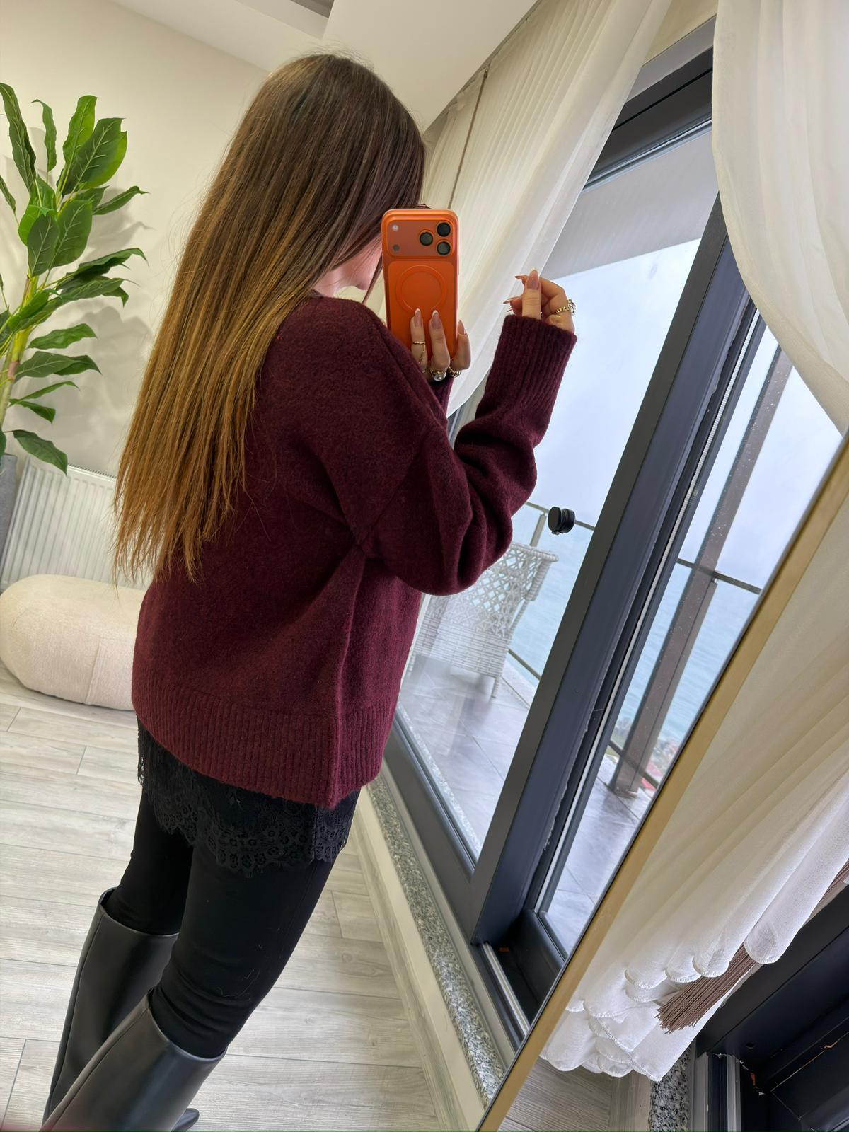 4684 Dantel Detaylı Kazak BORDO