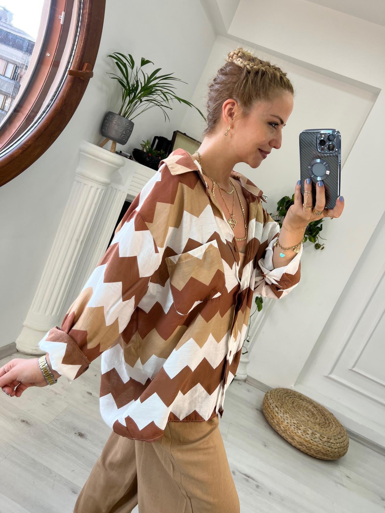 4734 Zigzag Oversize Gömlek KAHVE