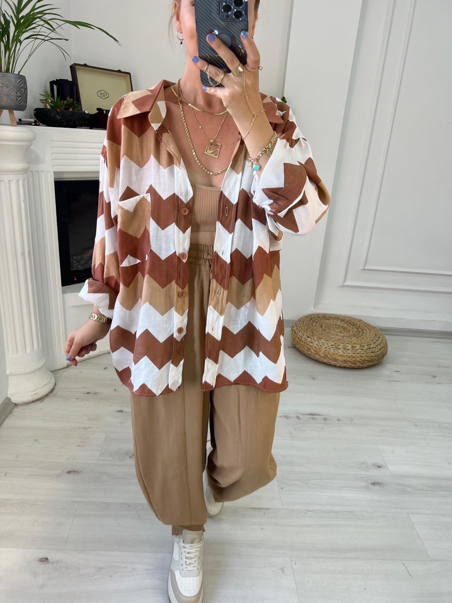 4734 Zigzag Oversize Gömlek KAHVE