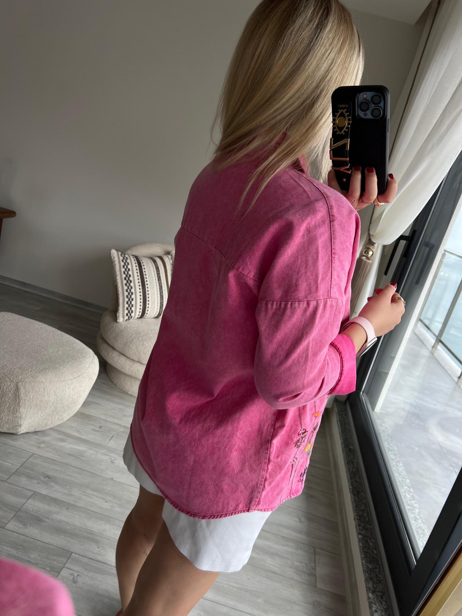 479 Çiçek Nakışlı Gabardin Gömlek PEMBE
