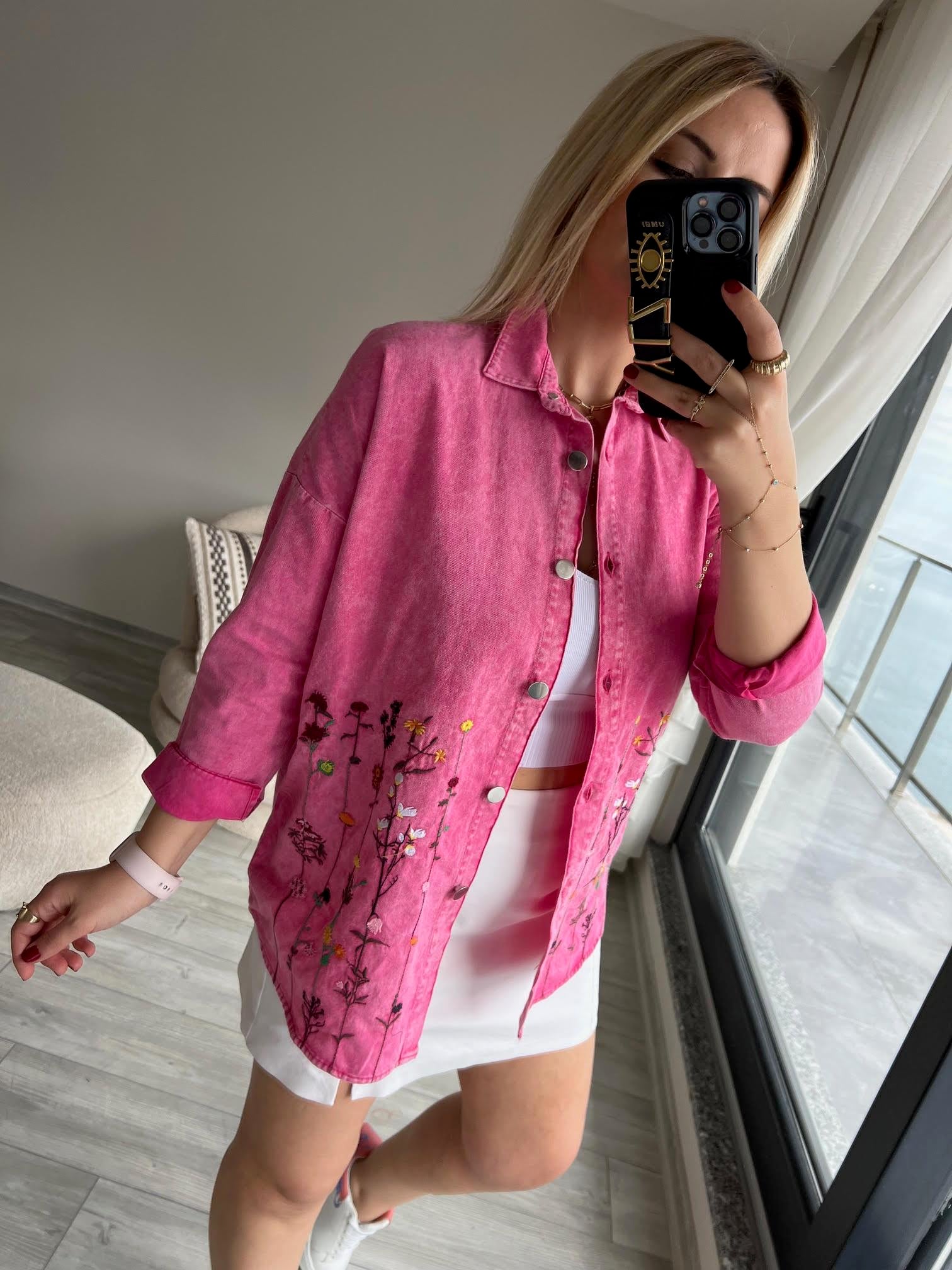 479 Çiçek Nakışlı Gabardin Gömlek PEMBE