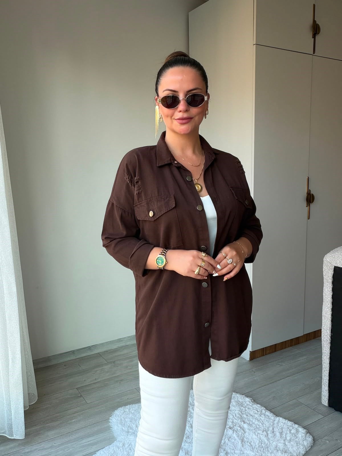 479 Uzun Yırtıklı Gabardin Gömlek KAHVE