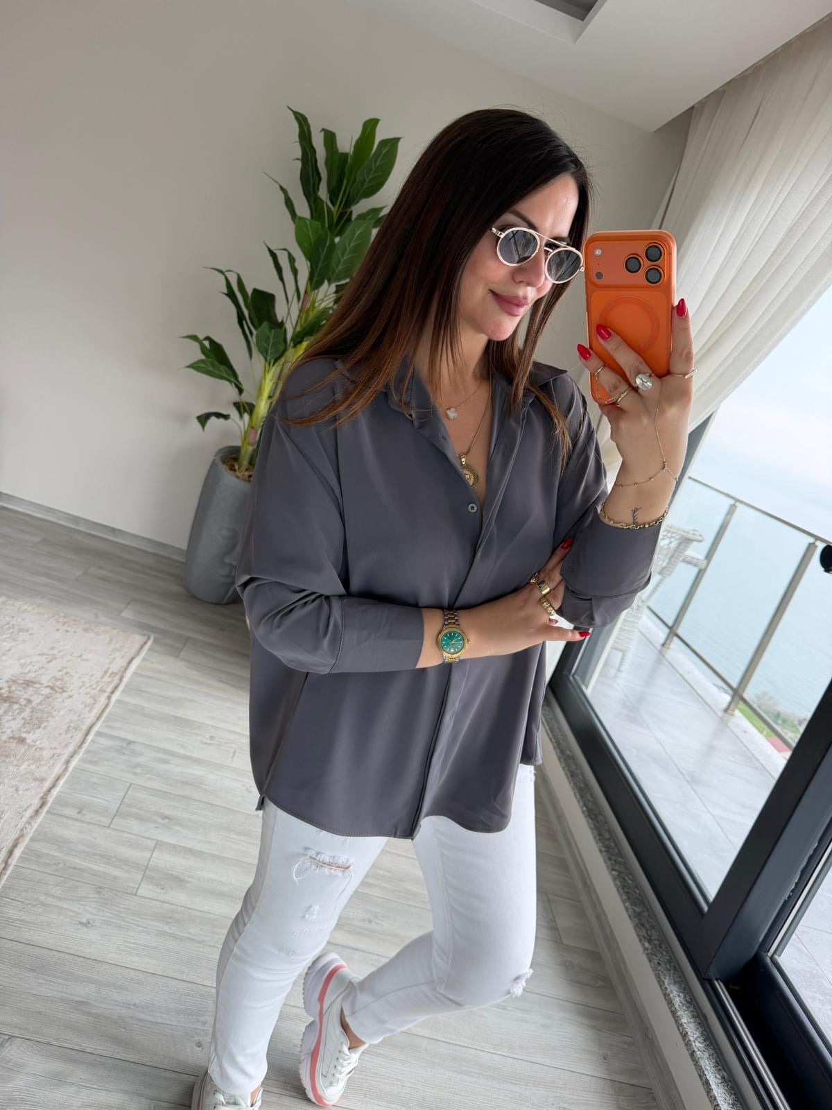 481 Yarasa Kol Saten Gömlek ANTRESİT