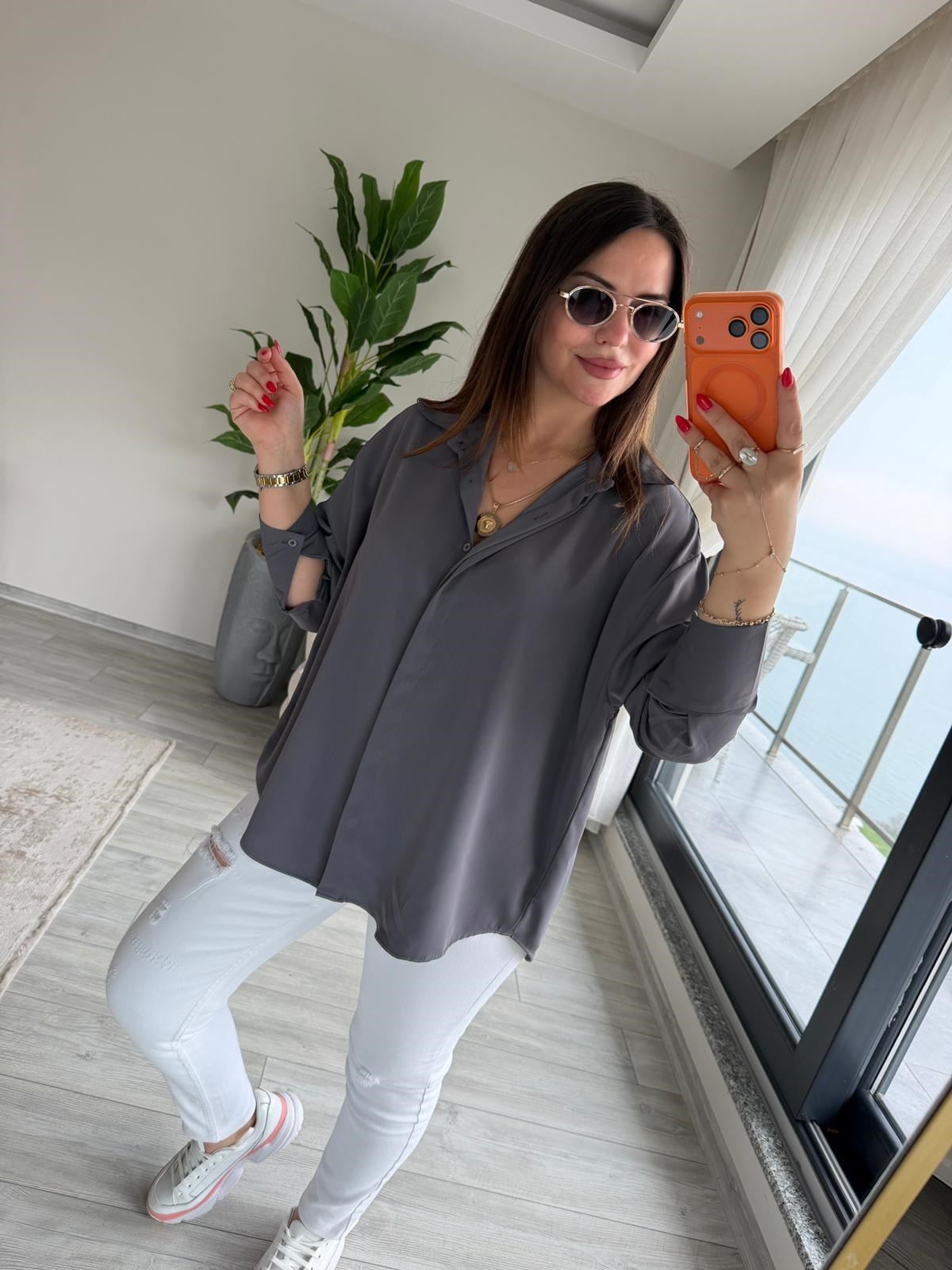 481 Yarasa Kol Saten Gömlek ANTRESİT