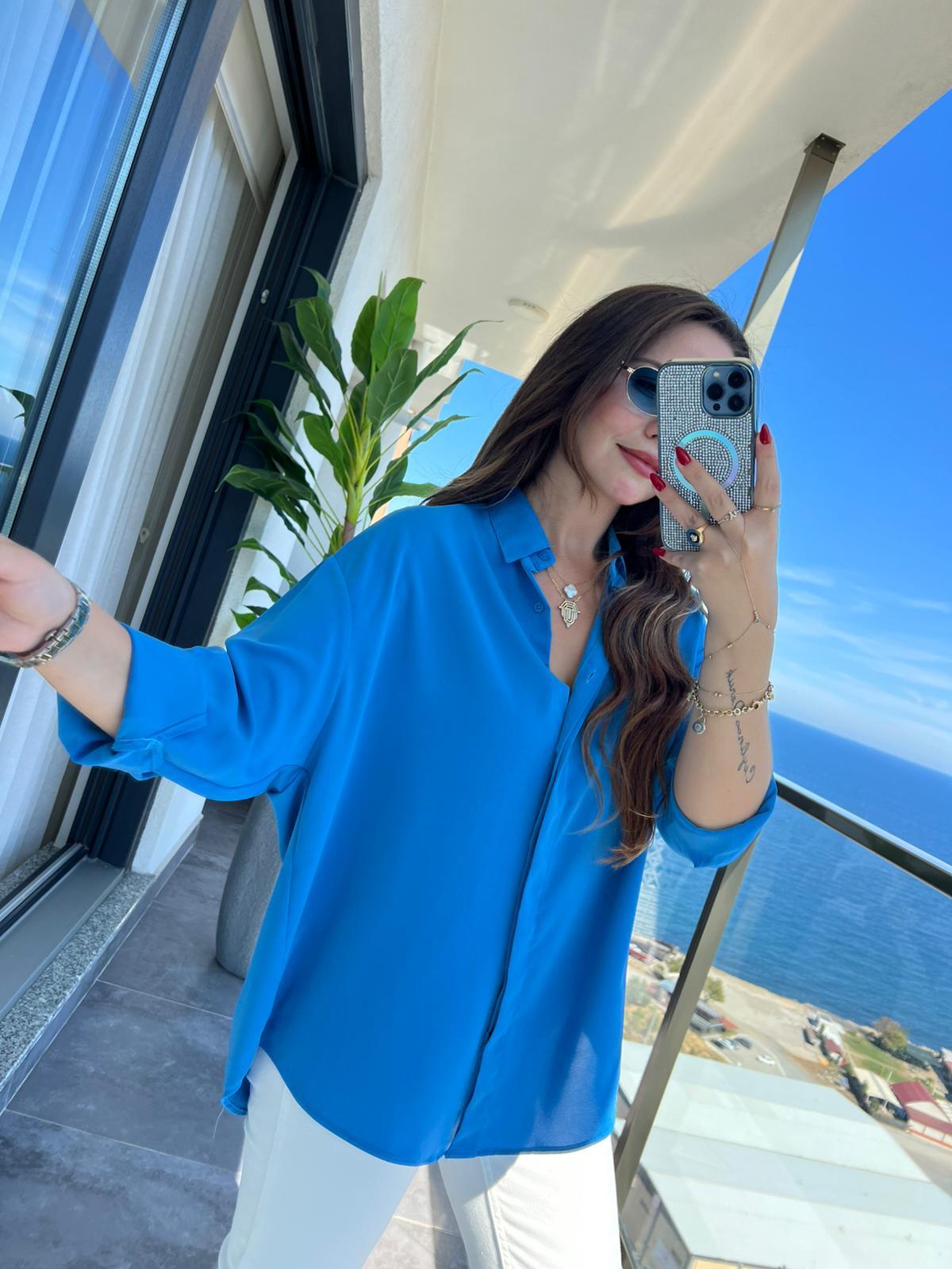 481 Yarasa Kol Saten Gömlek KOYU MAVİ