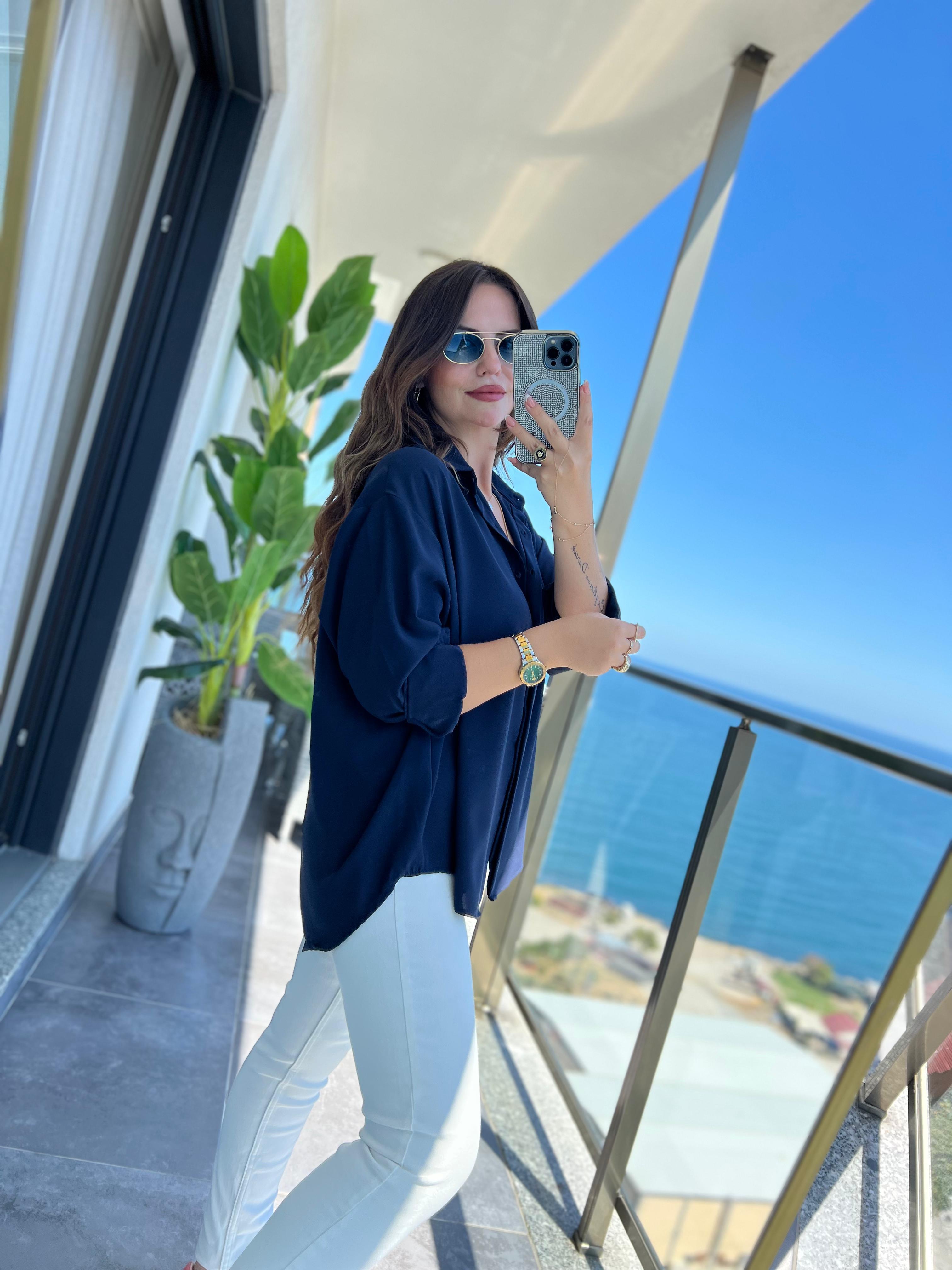 481 Yarasa Kol Saten Gömlek LACİVERT