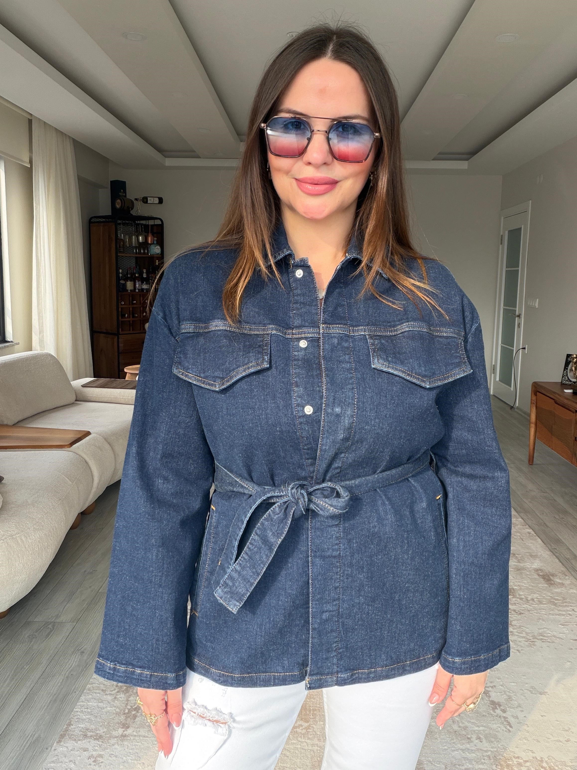 5001 Kemerli Kot Ceket LACİVERT