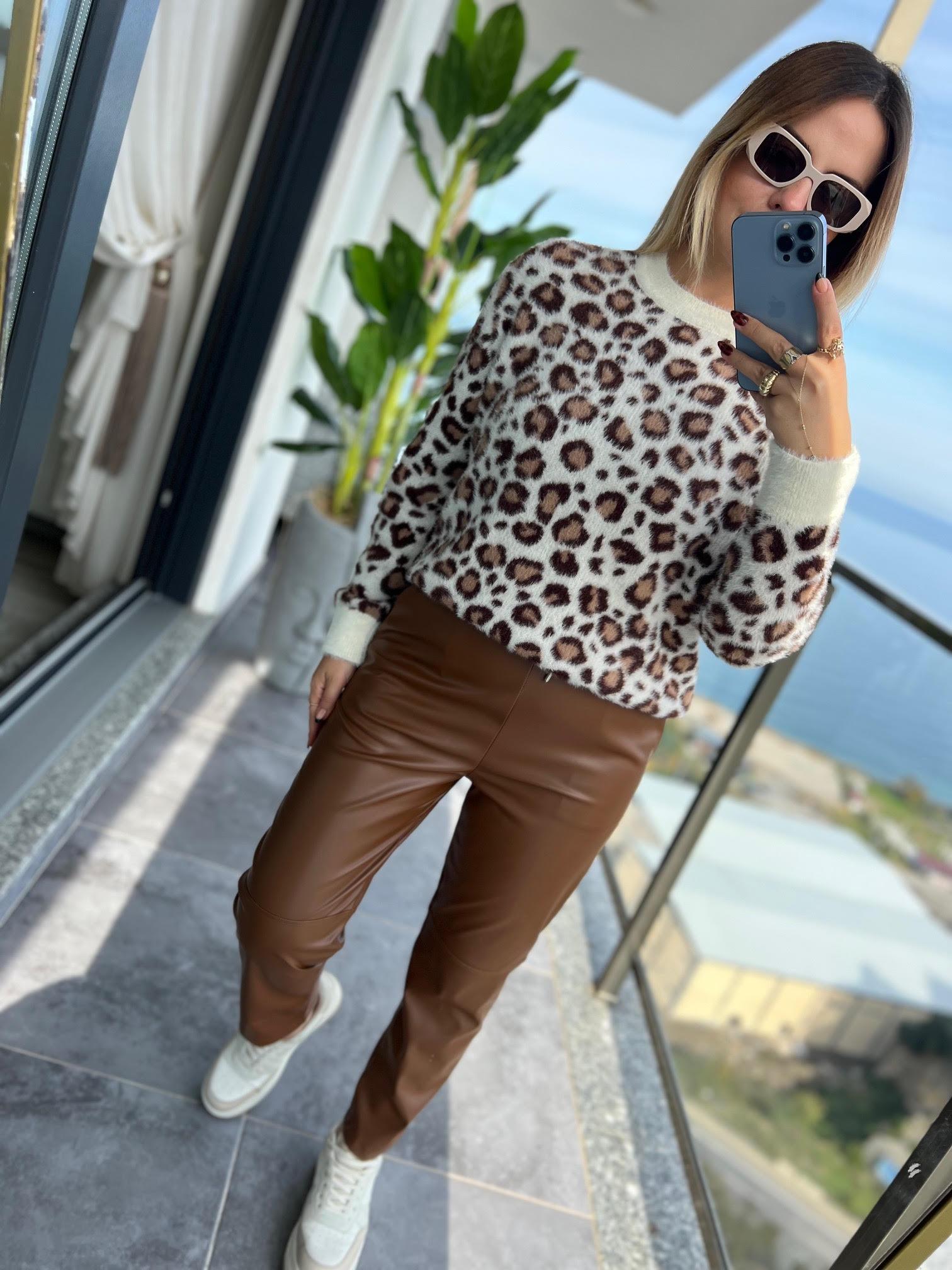 5003 Şardonlu Deri Pantolon KAHVE
