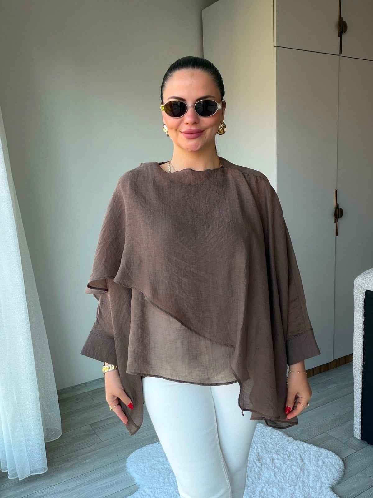 5026 Uçuşan Pelerin Bluz KAHVE