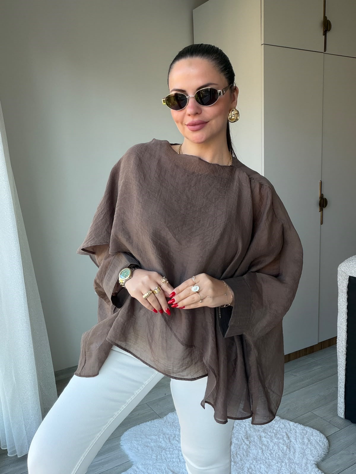 5026 Uçuşan Pelerin Bluz KAHVE