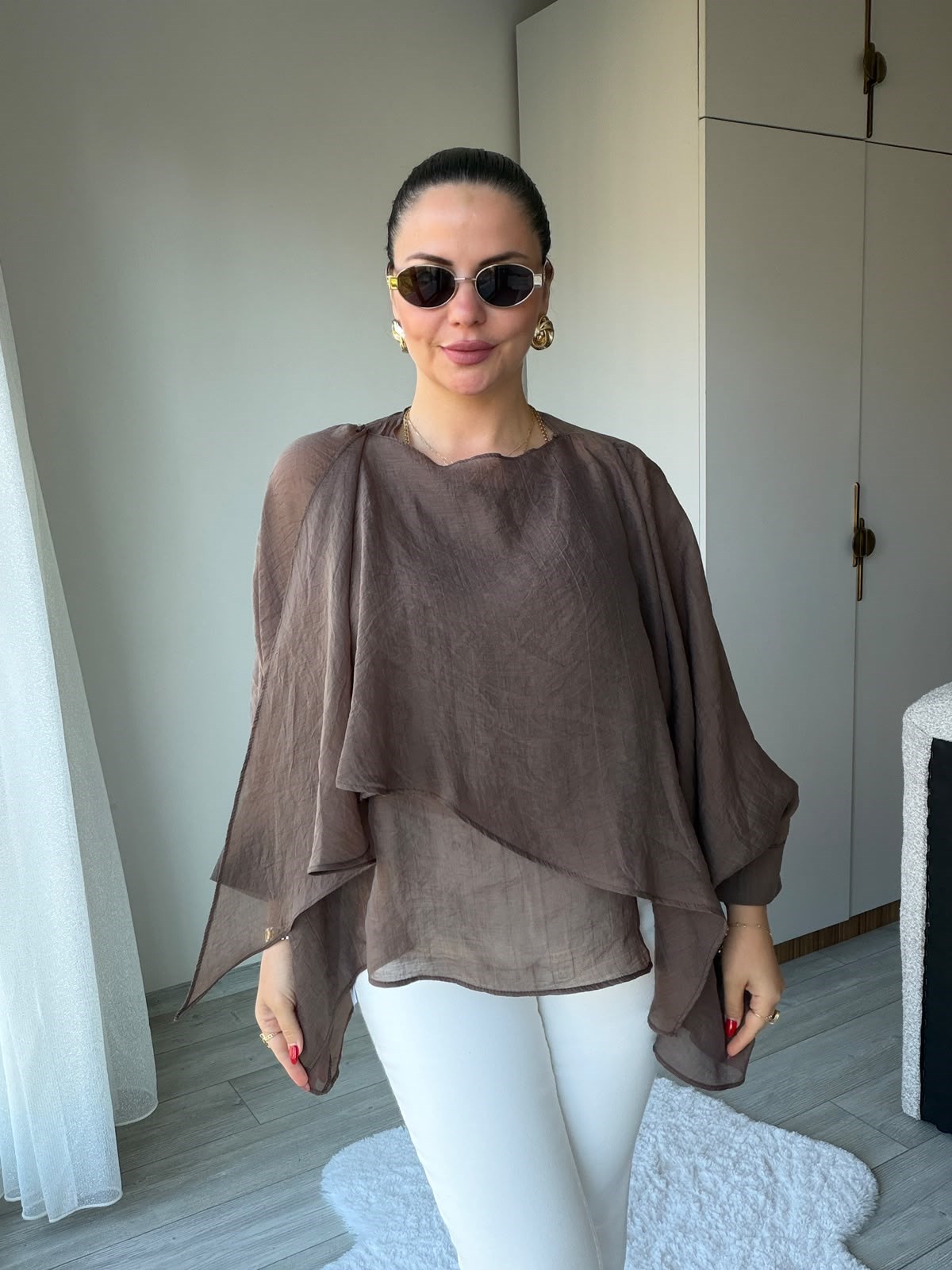 5026 Uçuşan Pelerin Bluz KAHVE