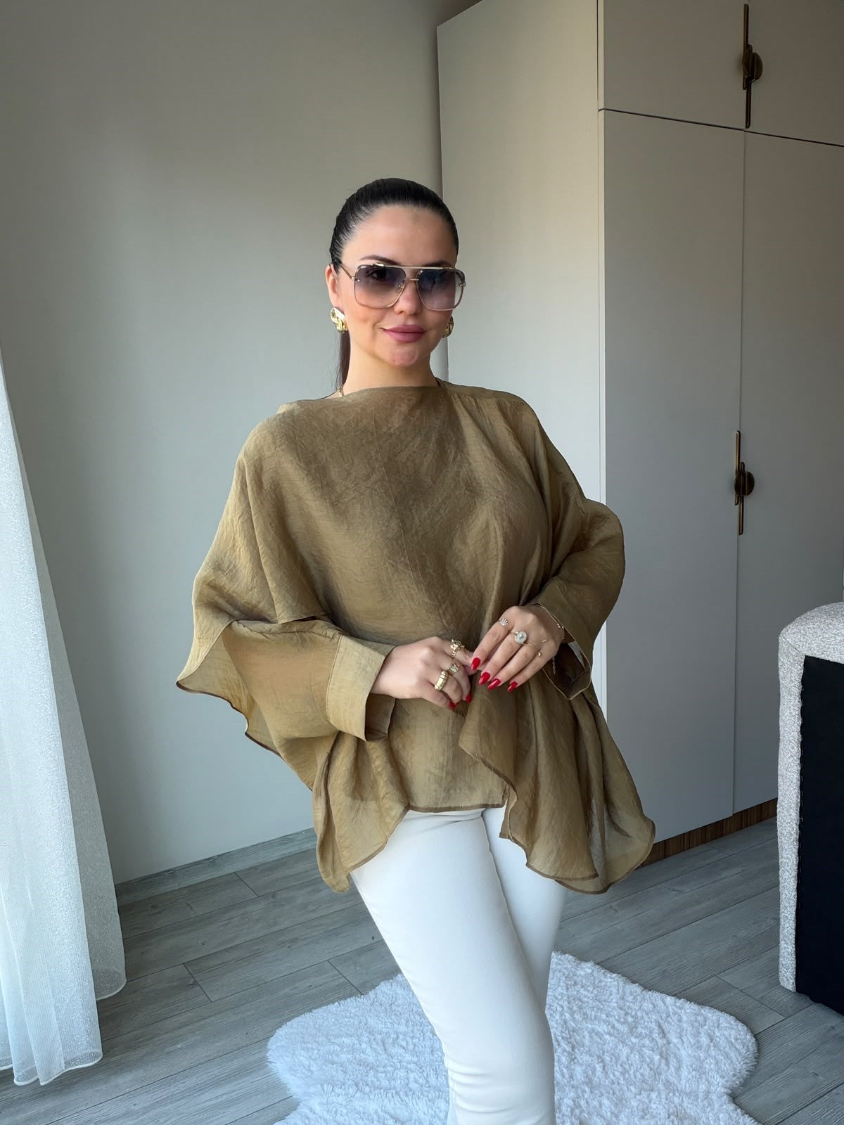 5026 Uçuşan Pelerin Bluz olive
