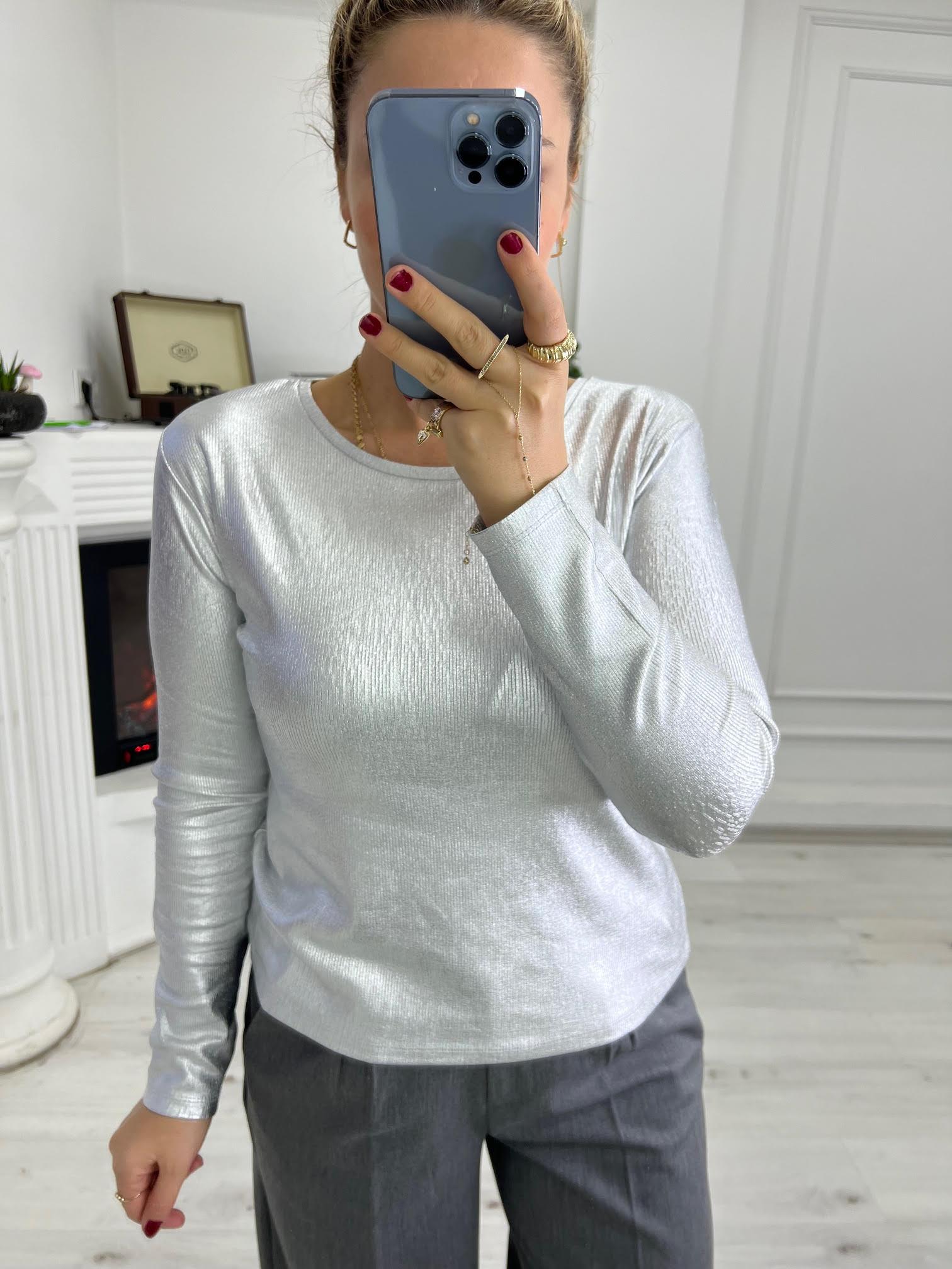 5042 Varaklı Baskılı Tshirt GÜMÜŞ