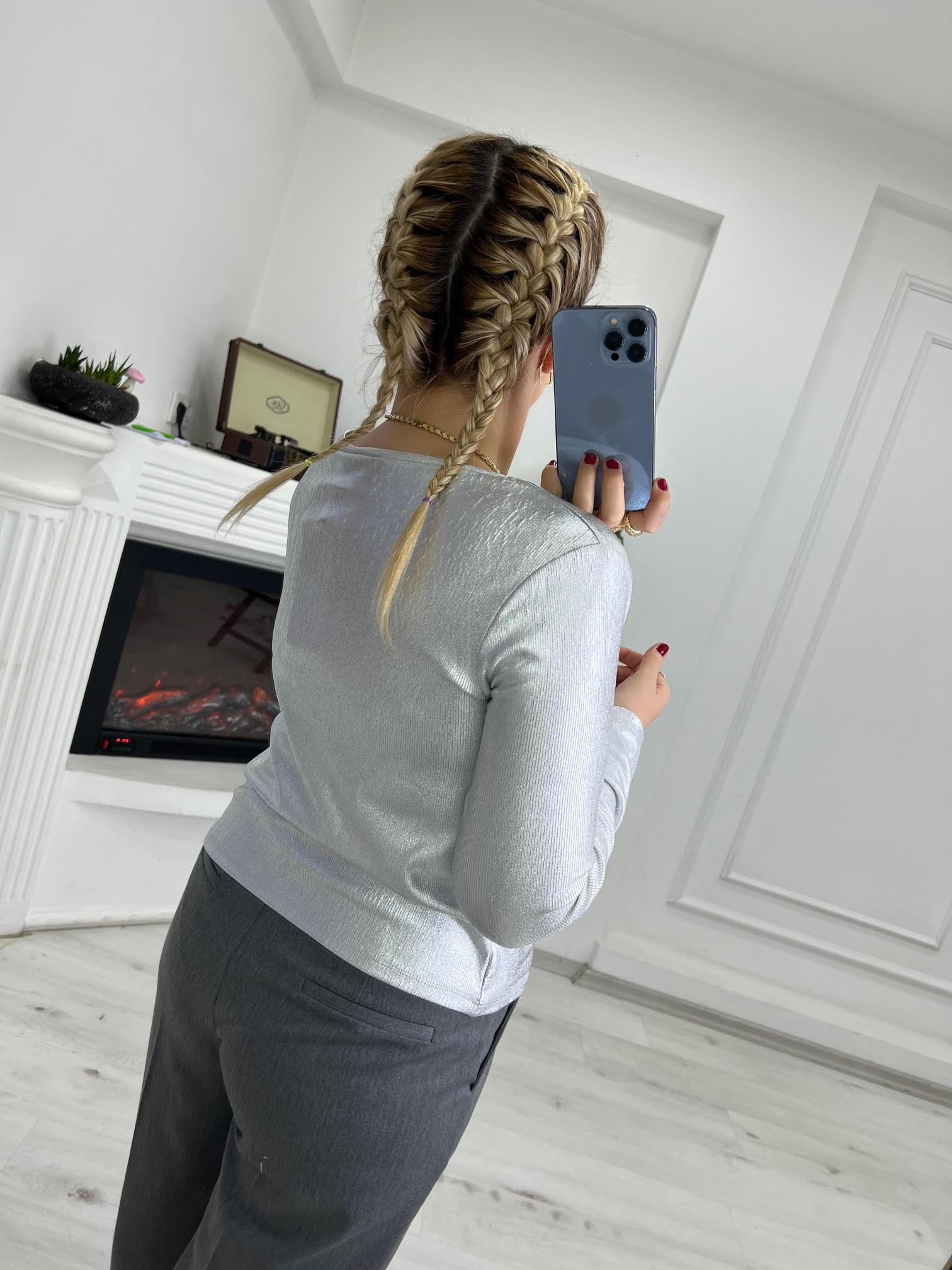 5042 Varaklı Baskılı Tshirt GÜMÜŞ