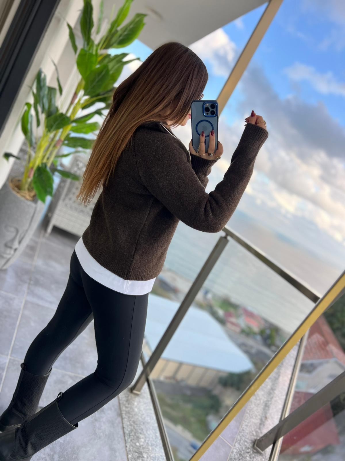 5101 Fermuarlı Dik Yaka Hırka KAHVE