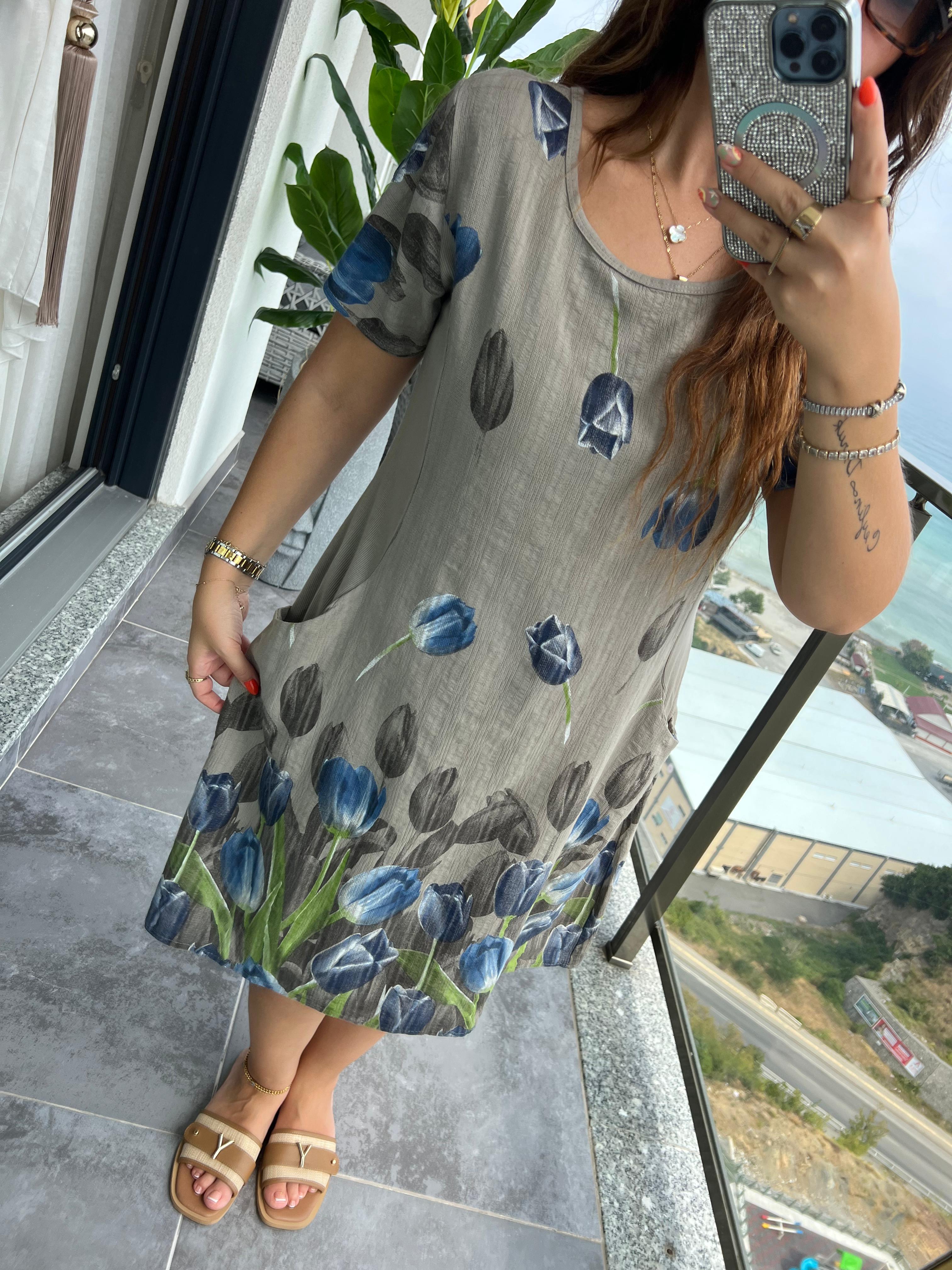 51017 Lale Desen Kısa Elbise VİZON