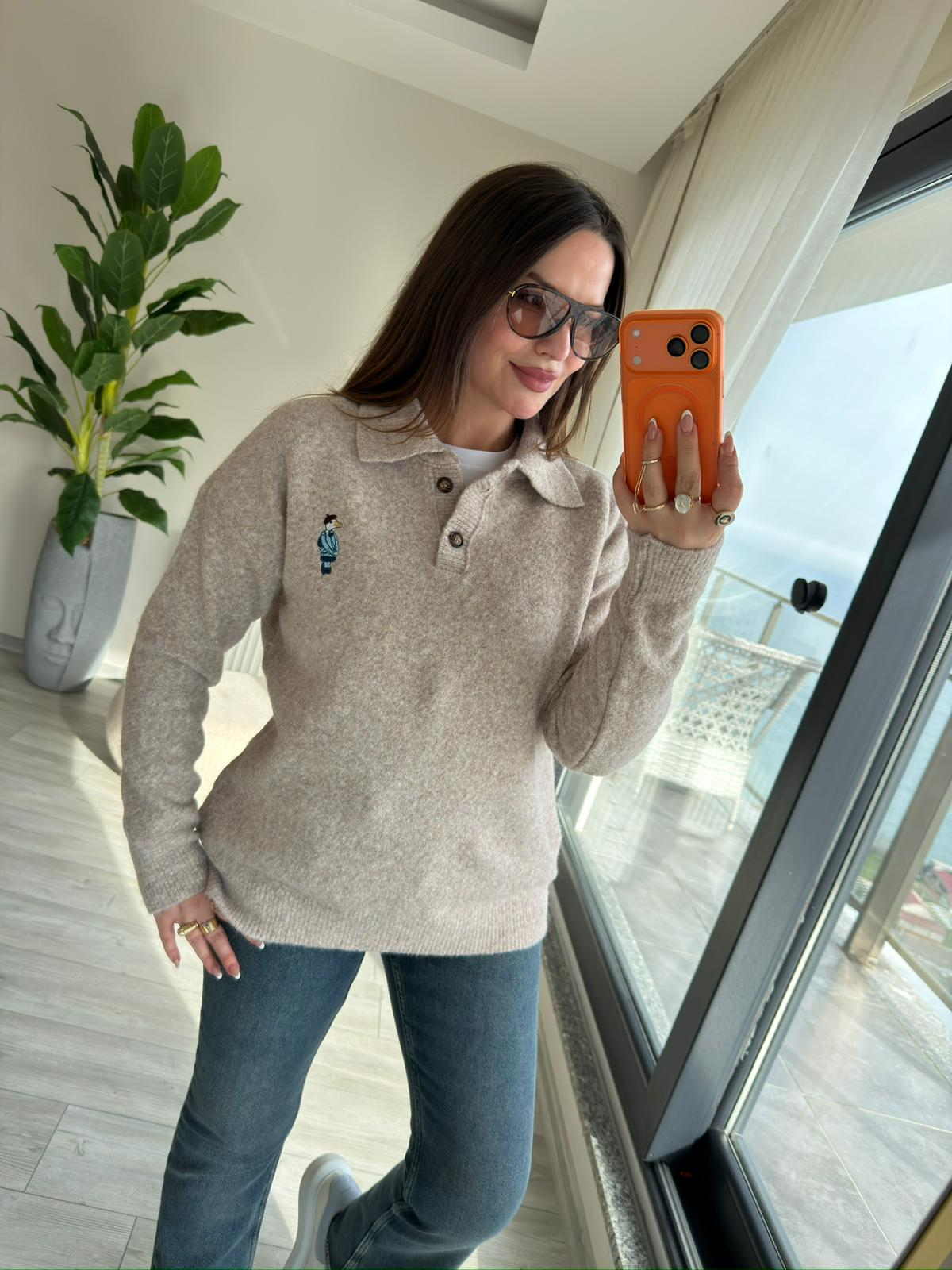 5106 Polo Yaka Düğmeli Kazak BEJ