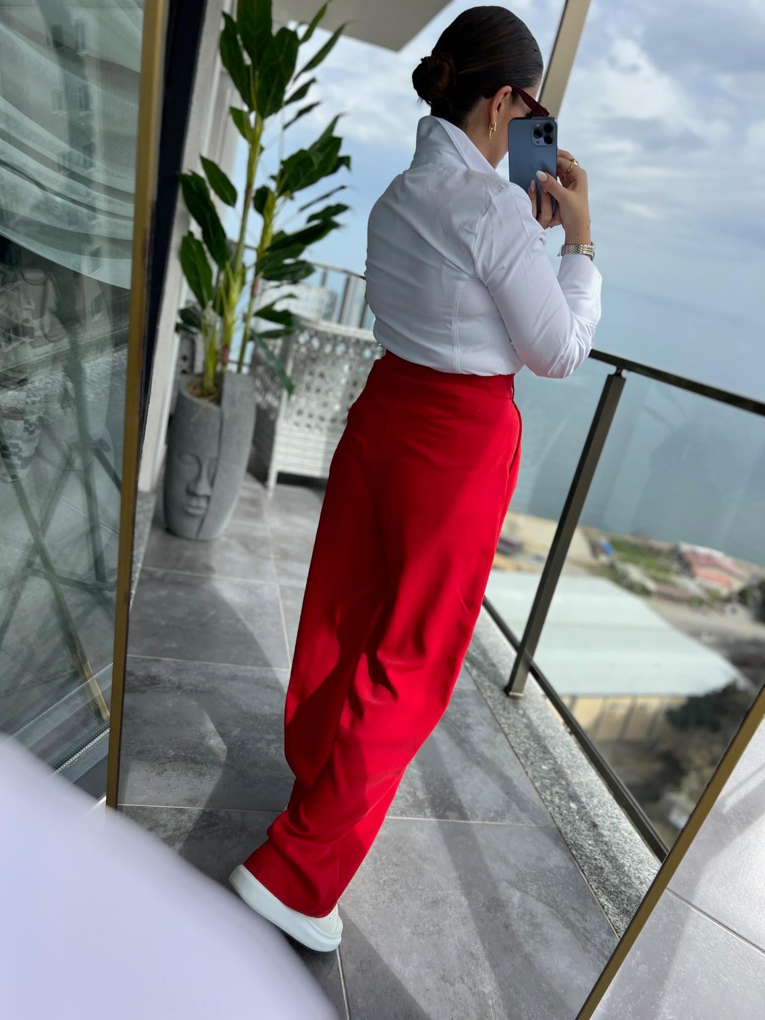 51078 Pileli Palazzo Pantalon KIRMIZI