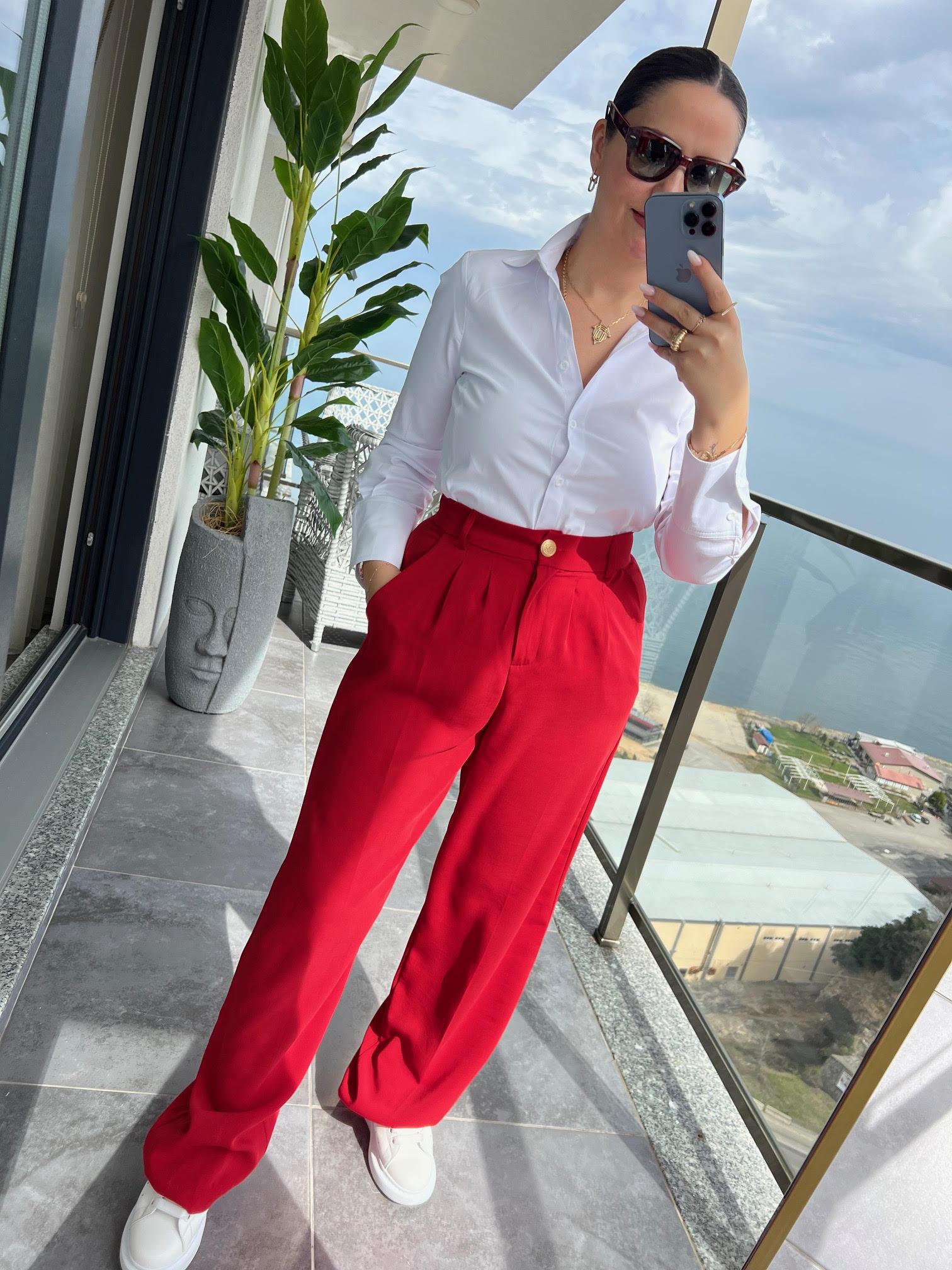 51078 Pileli Palazzo Pantalon KIRMIZI
