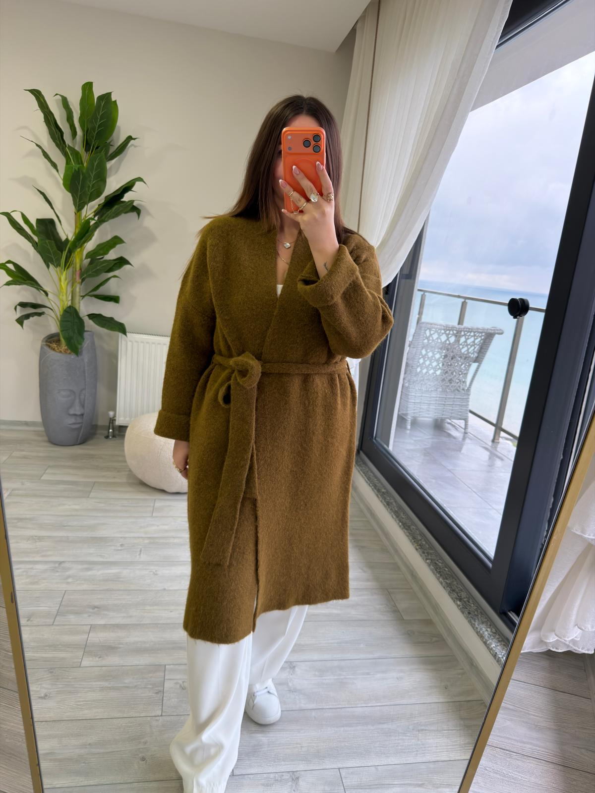 5134 Kuşaklı Triko Hırka HAKİ YEŞİL